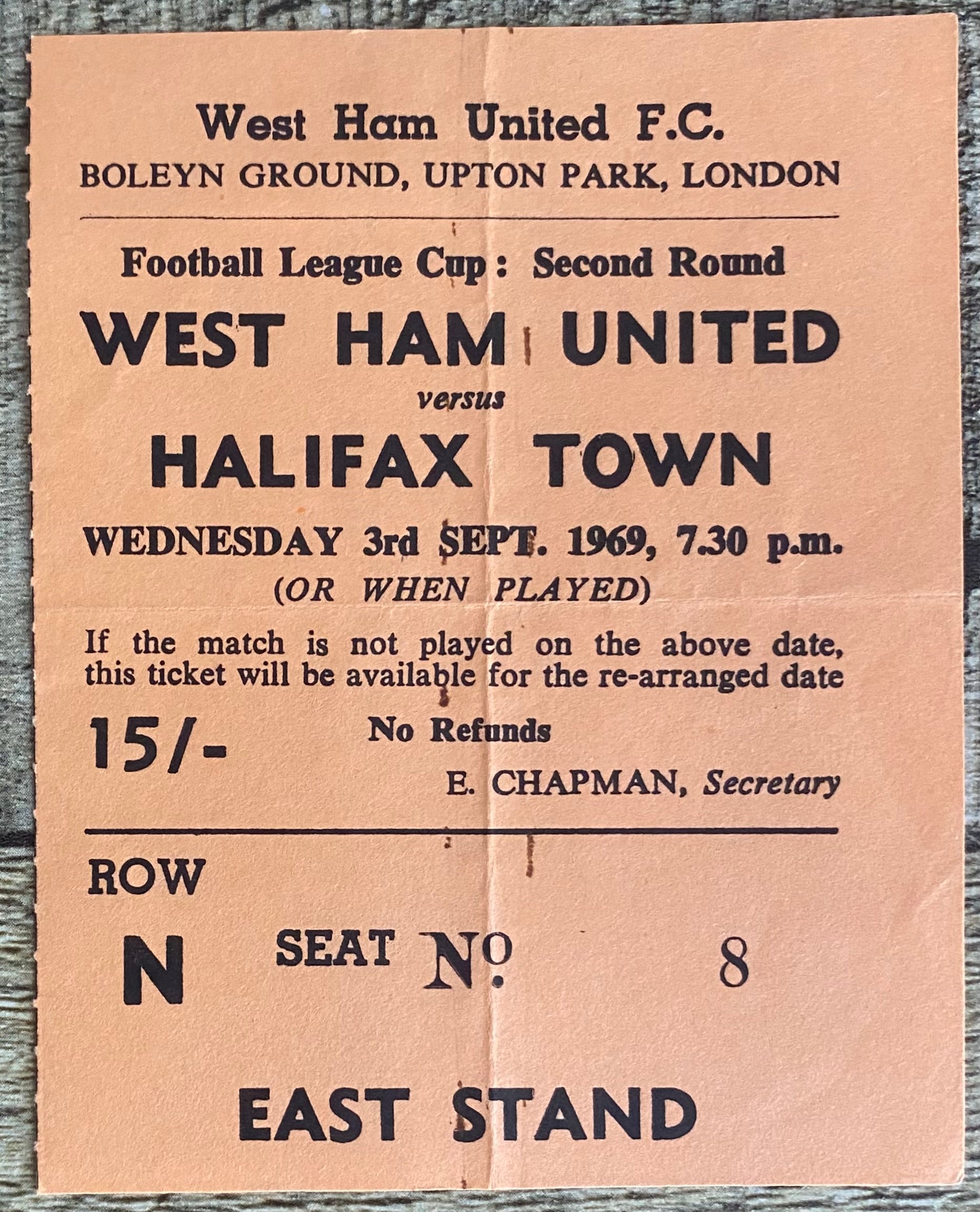 1968/69 ORIGINAL LEAGUE CUP 2ND ROUND TICKET WEST HAM UNITED V HALIFAX TOWN