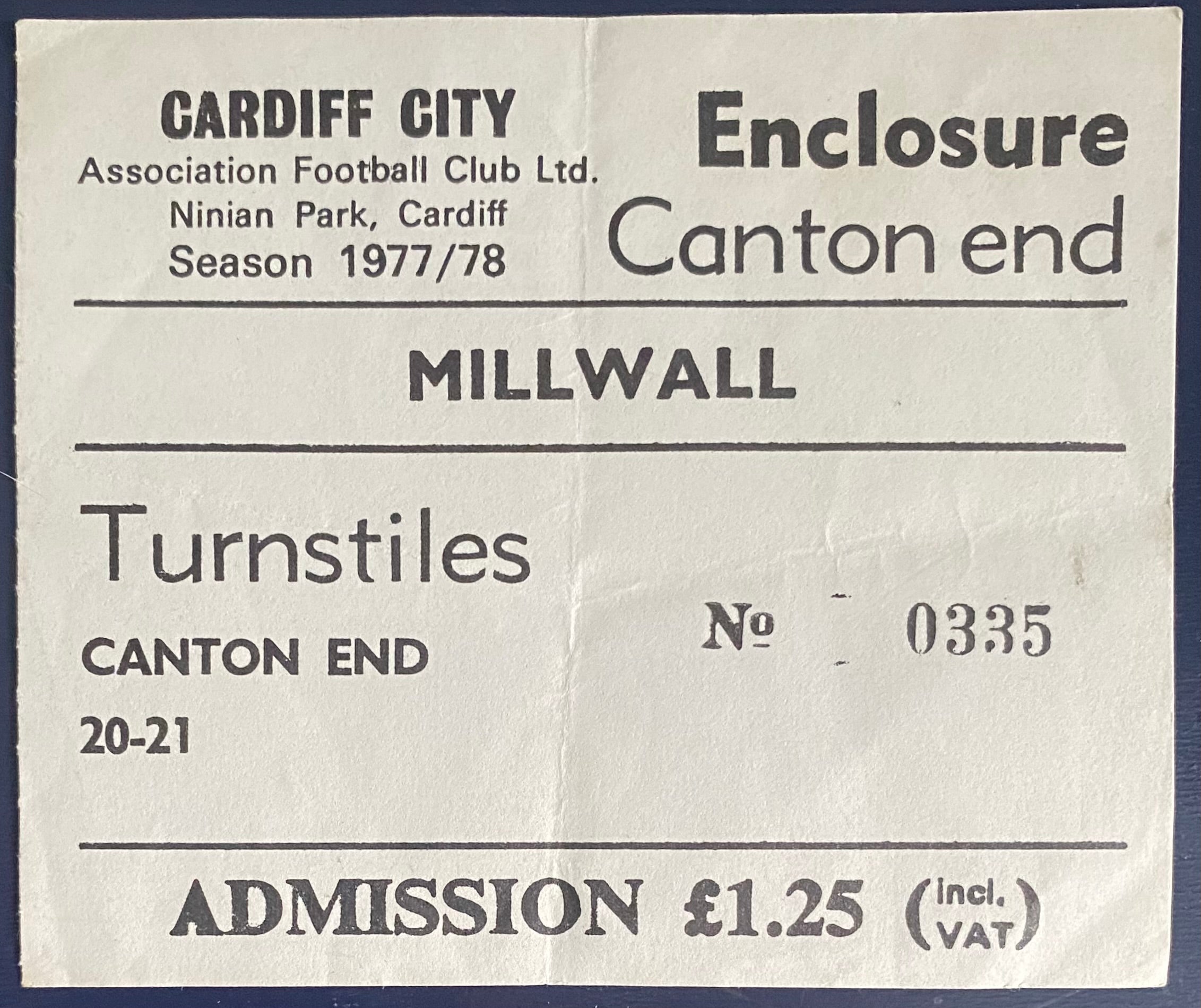 1977/78 ORIGINAL DIVISION 2 TICKET CARDIFF CITY V MILLWALL