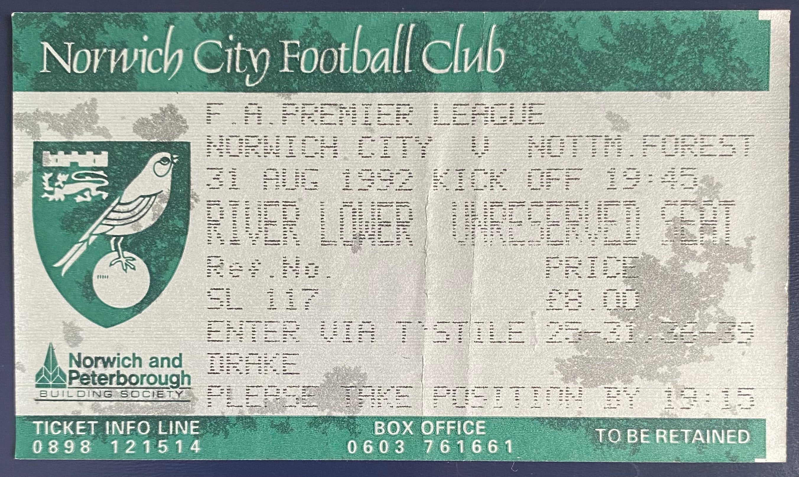 1992/93 ORIGINAL FA PREMIER LEAGUE TICKET NORWICH CITY V NOTTINGHAM FOREST