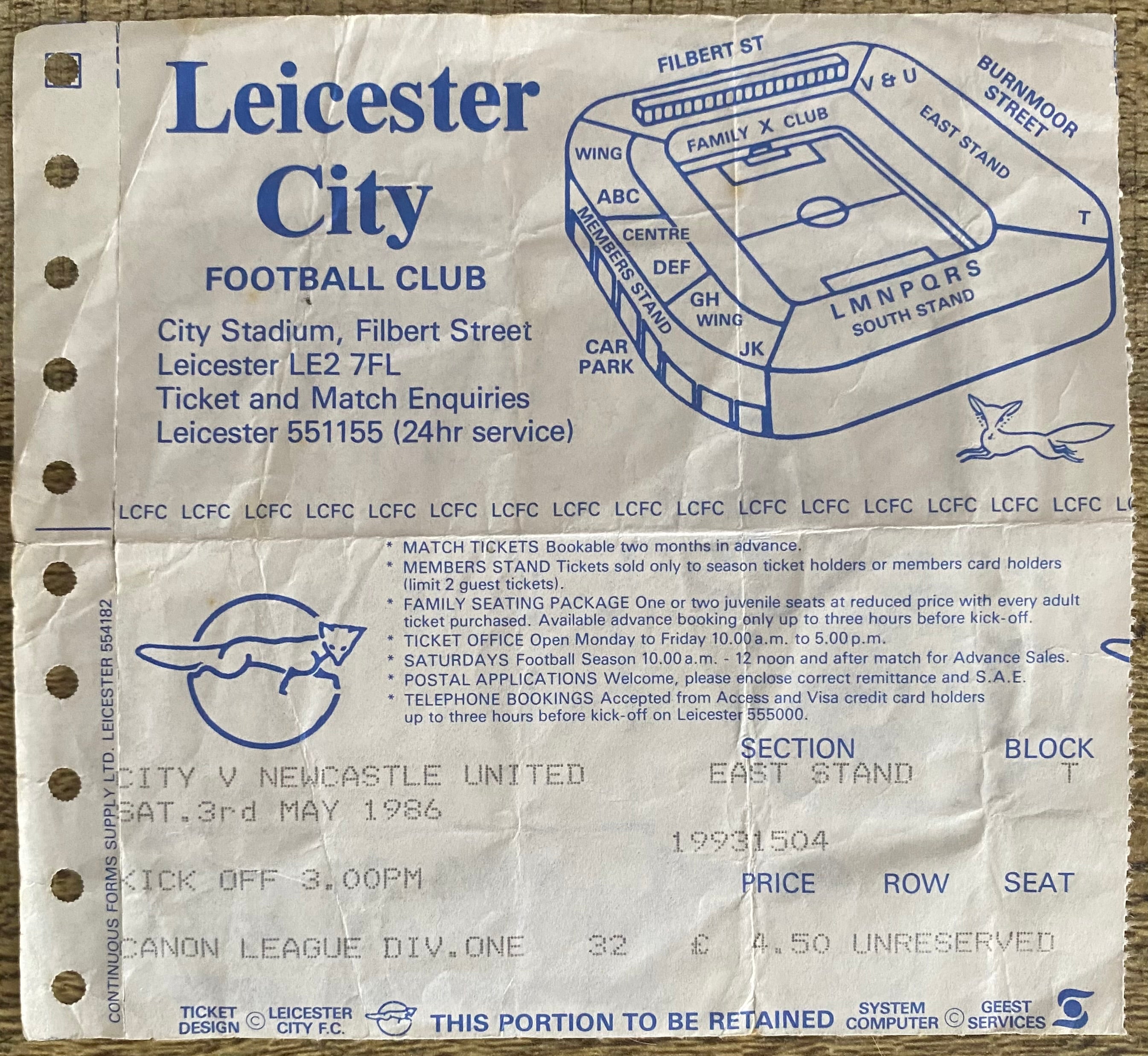 1985/86 ORIGINAL DIVISION 2 TICKET LEICESTER CITY V NEWCASTLE UNITED