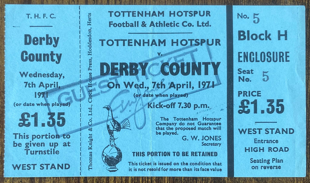 1970/71 ORIGINAL DIVISION ONE UNUSED TICKET TOTTENHAM HOTSPUR V DERBY COUNTY