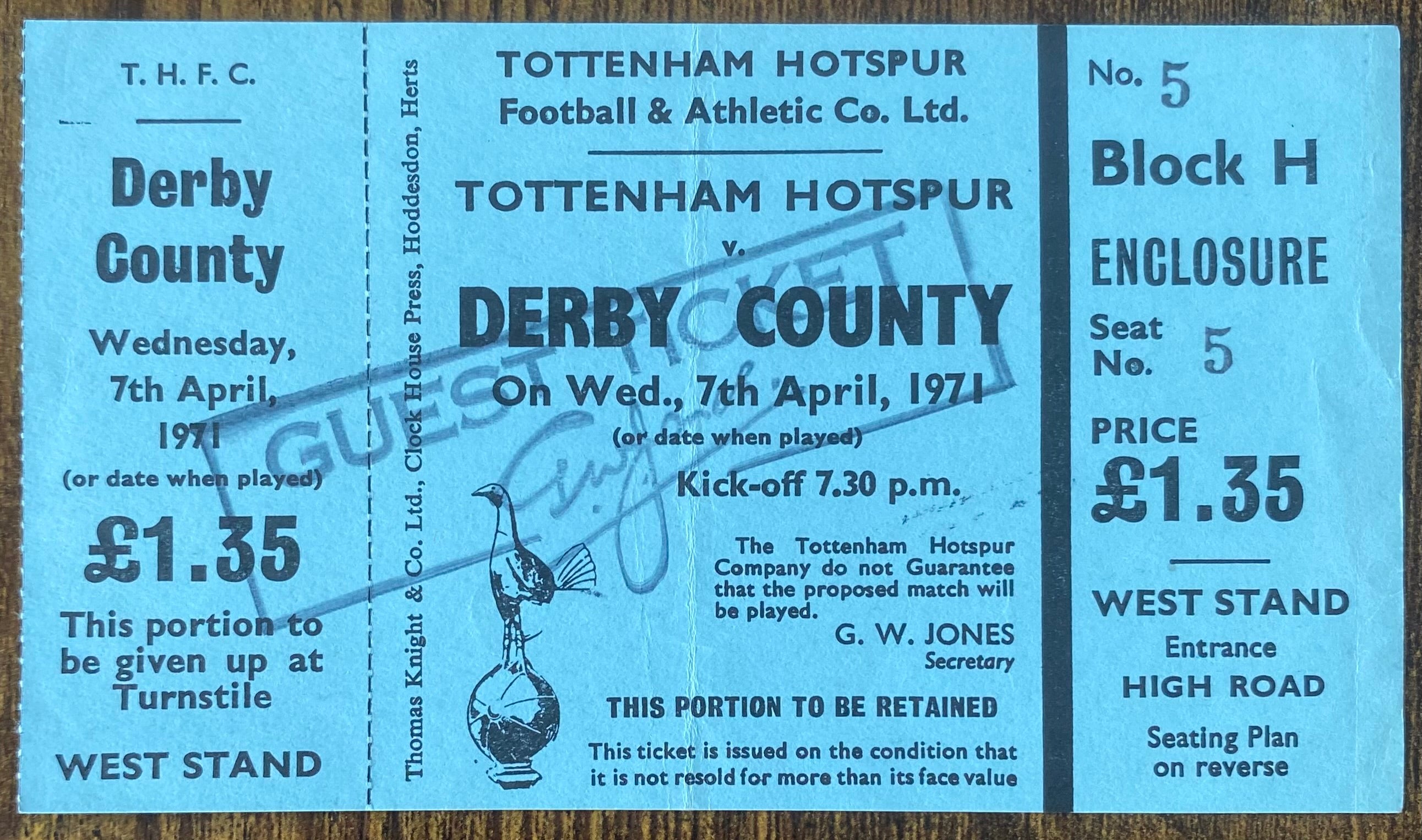 1970/71 ORIGINAL DIVISION ONE UNUSED TICKET TOTTENHAM HOTSPUR V DERBY COUNTY