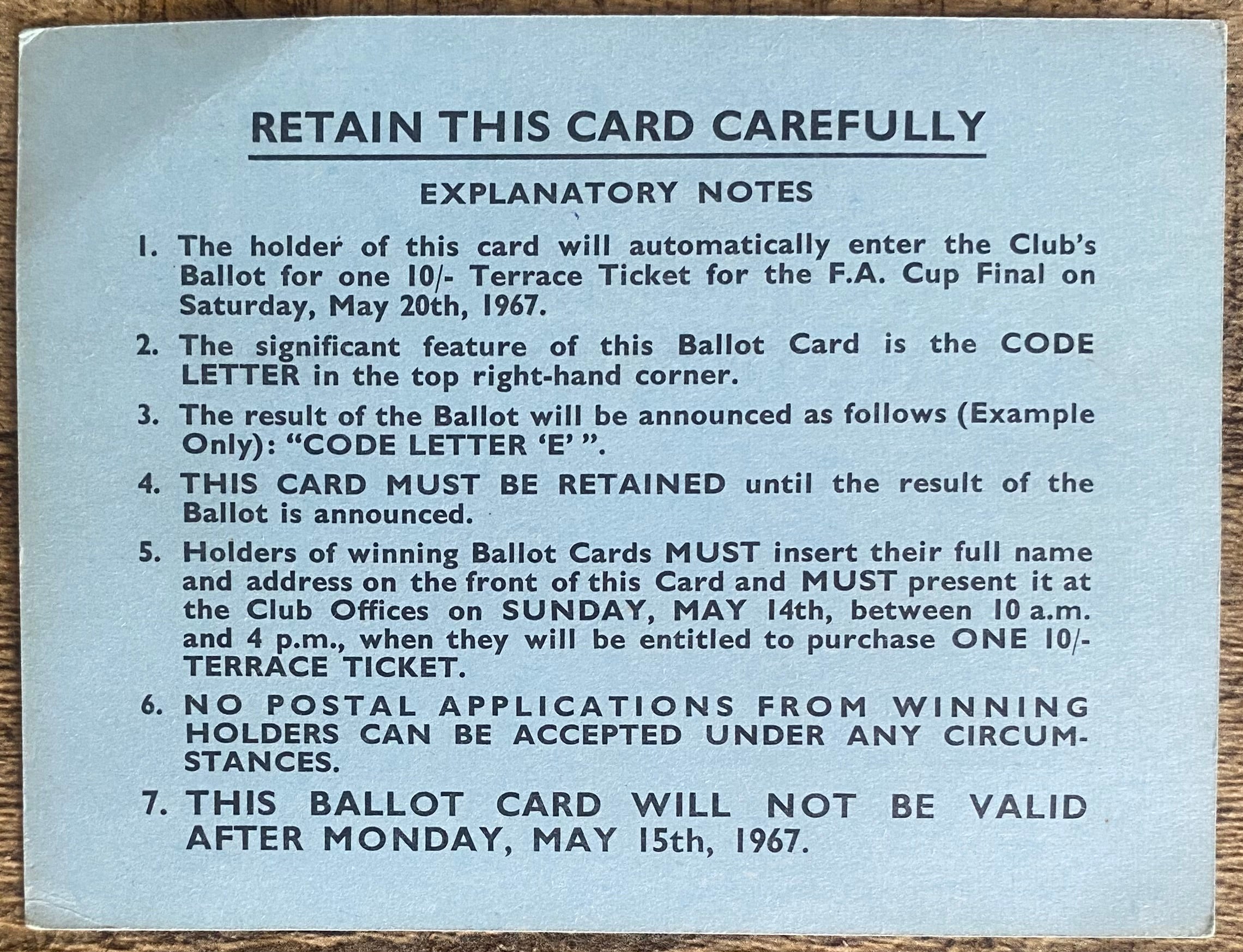 1967 ORIGINAL FA CUP FINAL TICKET TOTTENHAM HOTSPUR BALLOT CARD