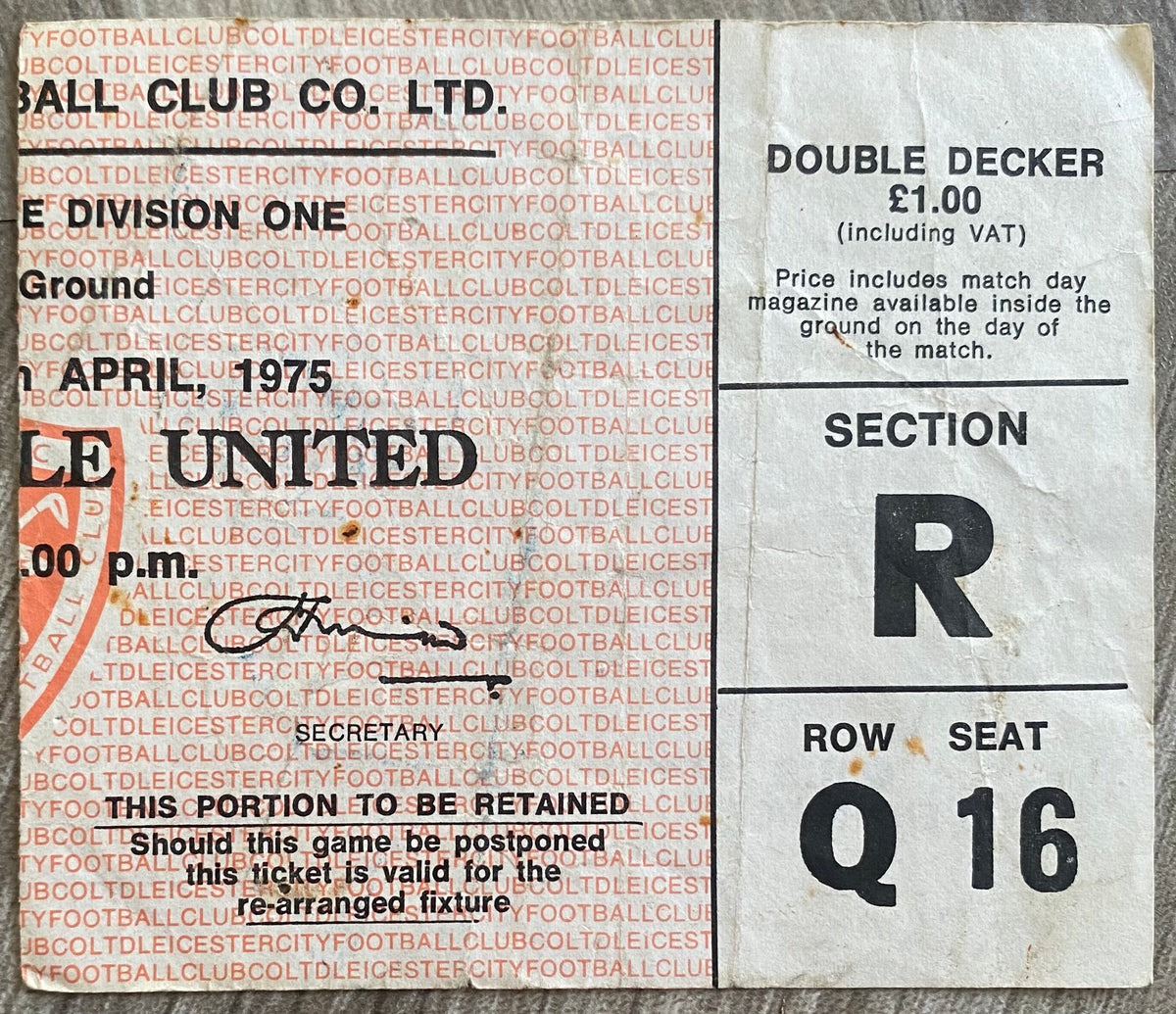 1974/75 ORIGINAL DIVISION 1 TICKET LEICESTER CITY V NEWCASTLE UNITED