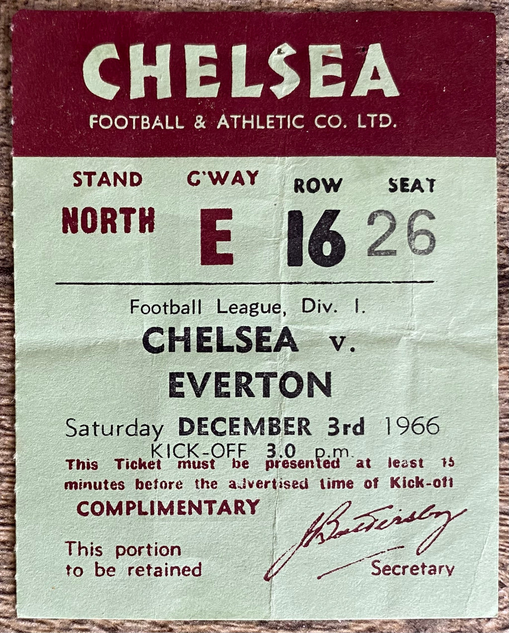 1966/67 ORIGINAL  DIVISION 1 TICKET CHELSEA V EVERTON