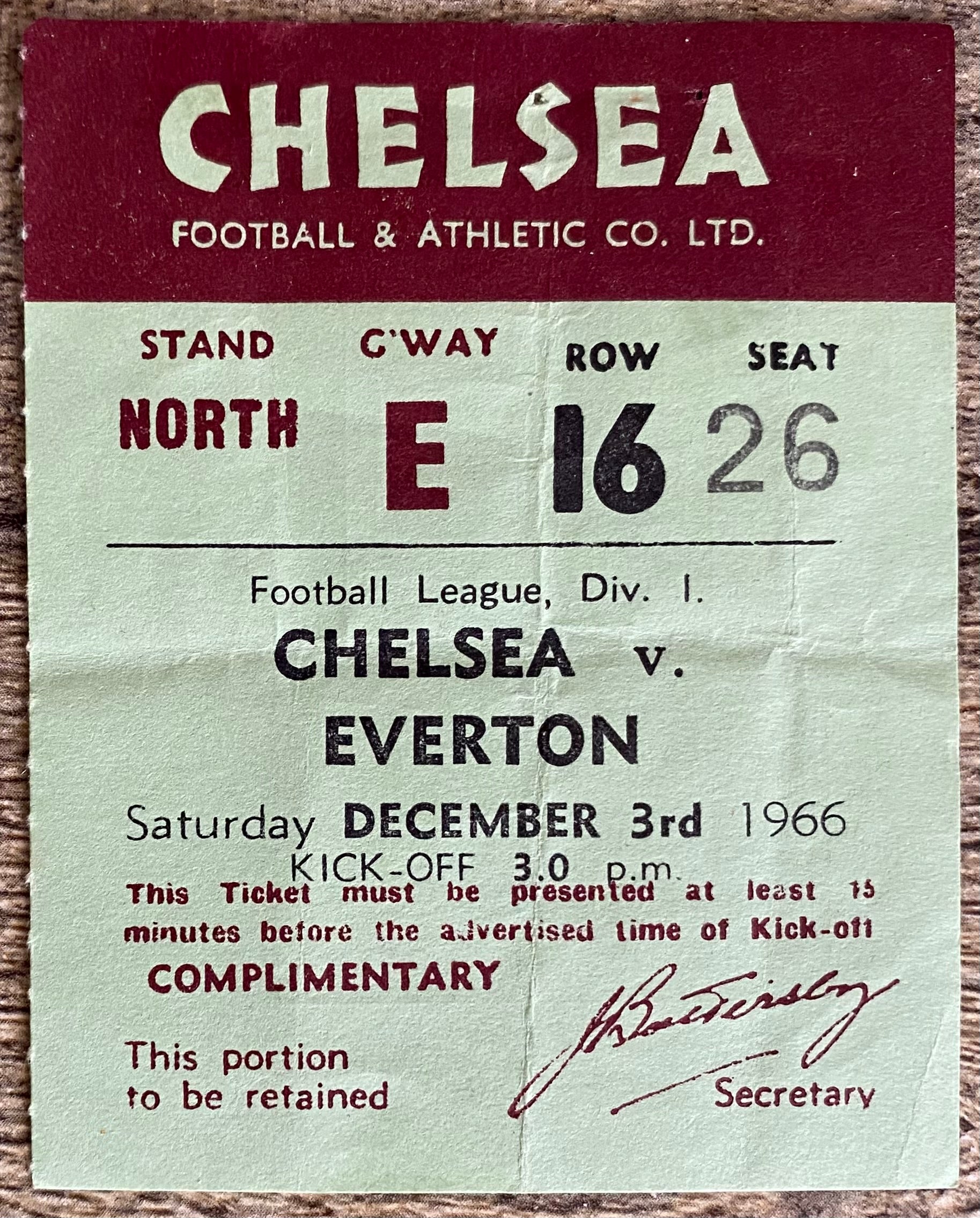 1966/67 ORIGINAL  DIVISION 1 TICKET CHELSEA V EVERTON