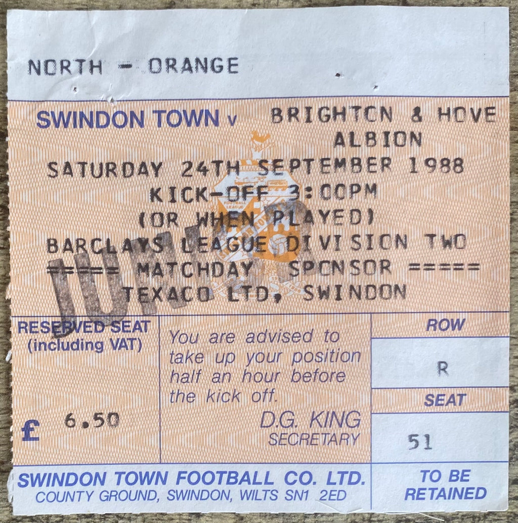 1988/89 ORIGINAL DIVISION 2 TICKET SWINDON TOWN V BRIGHTON AND HOVE ALBION