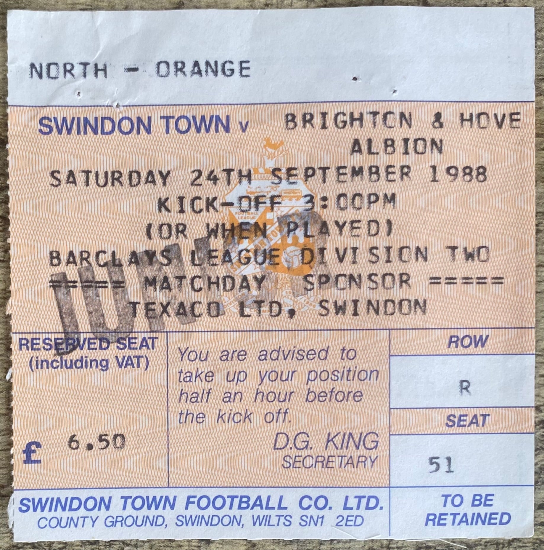 1988/89 ORIGINAL DIVISION 2 TICKET SWINDON TOWN V BRIGHTON AND HOVE ALBION