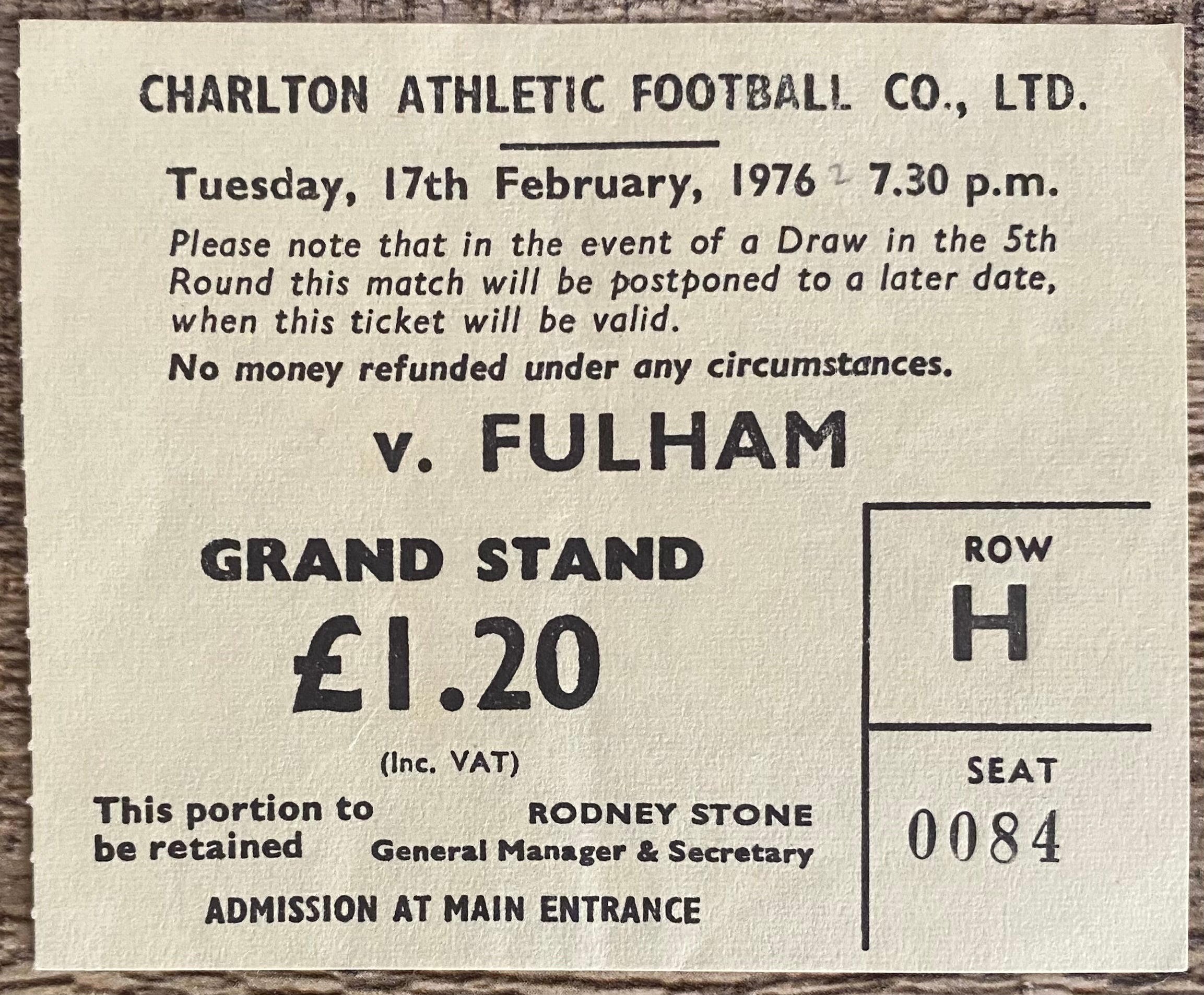1975/76 ORIGINAL DIVISION 2 TICKET CHARLTON ATHLETIC V FULHAM