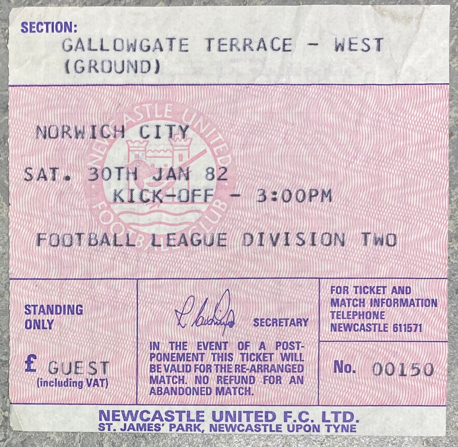 1981/82 ORIGINAL DIVISION TWO TICKET NEWCASTLE UNITED V NORWICH CITY