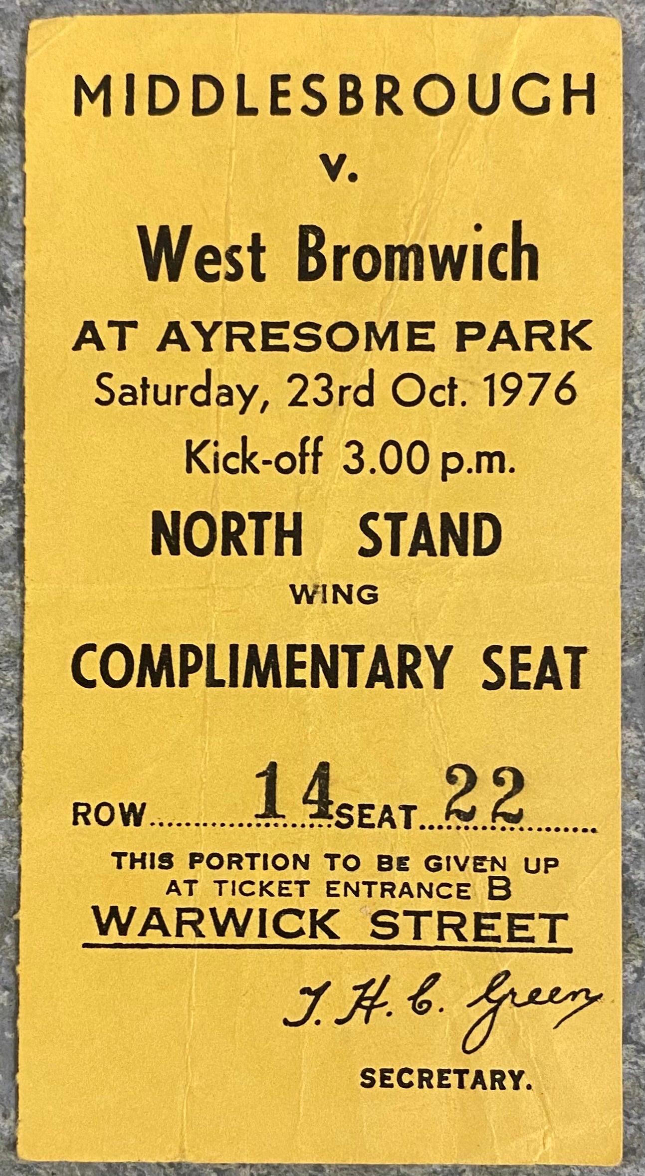 1976/77 ORIGINAL DIVISION 1 TICKET MIDDLESBROUGH V WEST BROMWICH ALBION