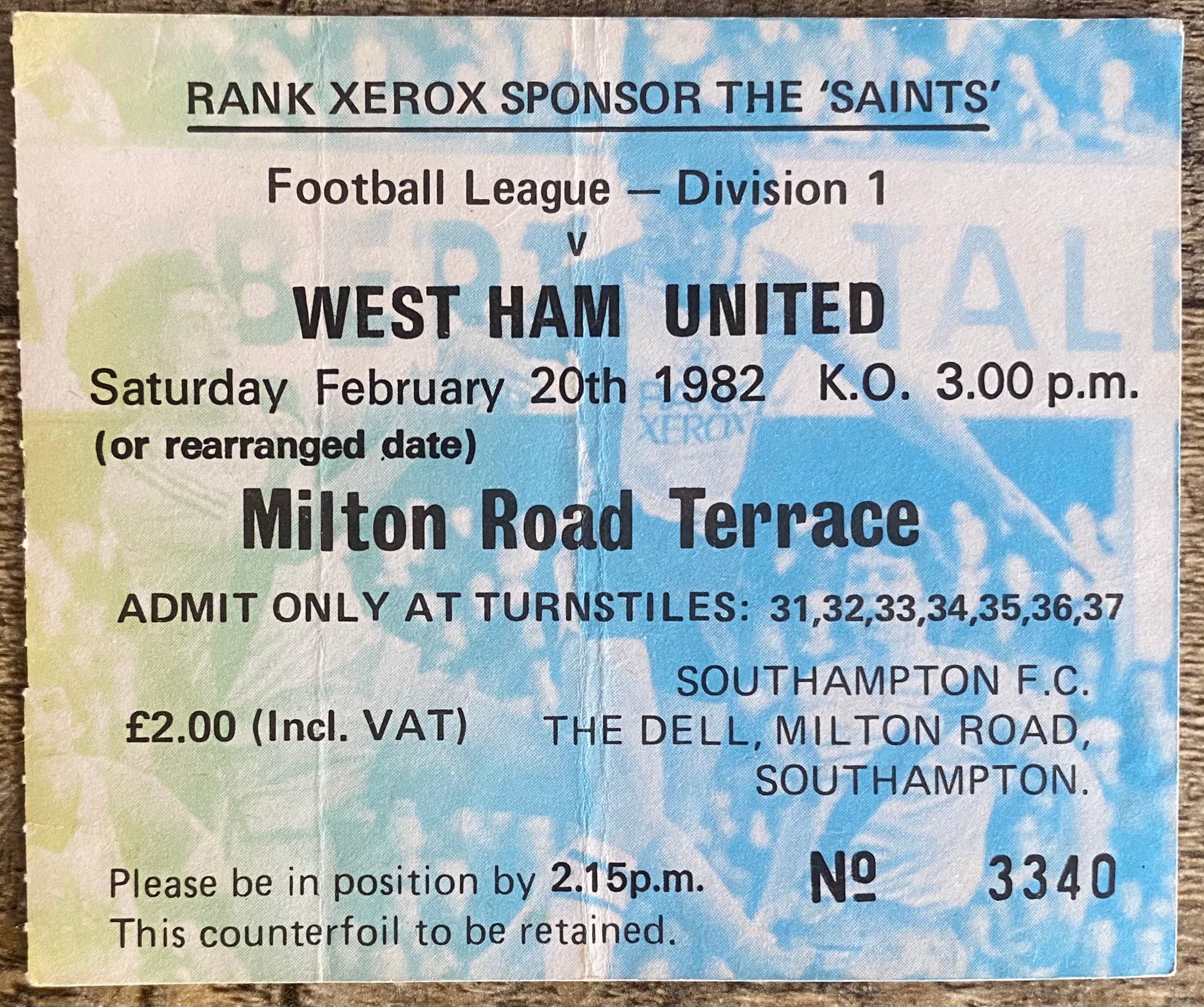 1981/82 ORIGINAL DIVISION ONE TICKET SOUTHAMPTON V WEST HAM UNITED