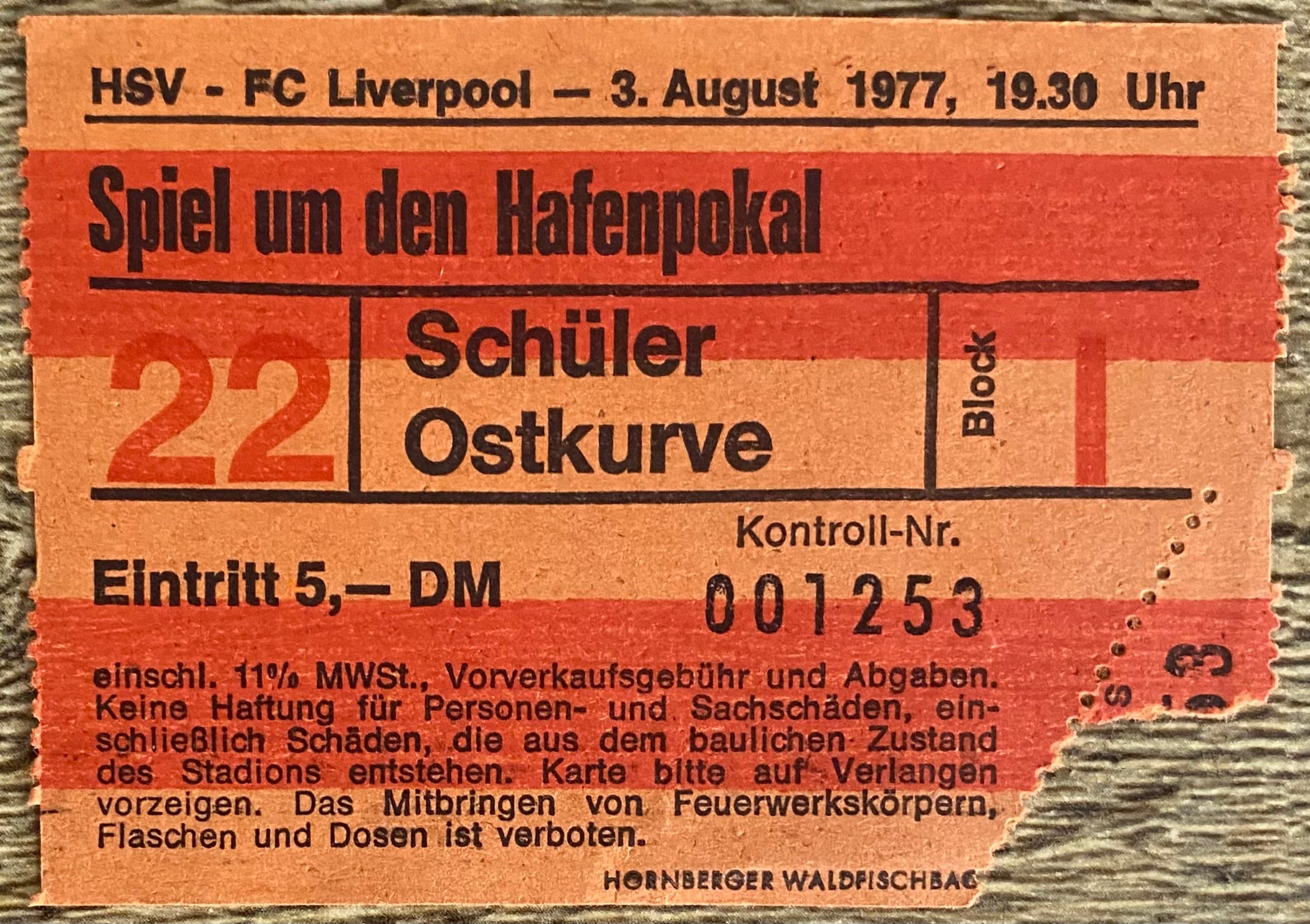 1977 ORIGINAL FRIENDLY TICKET HSV HAMBURG V LIVERPOOL (KEVIN KEEGAN DEBUT)