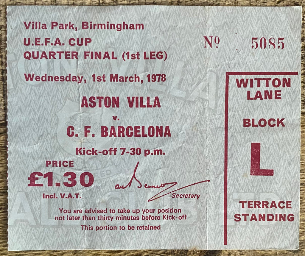1977/78 ORIGINAL UEFA CUP 4TH ROUND 1ST LEG TICKET ASTON VILLA V BARCELONA