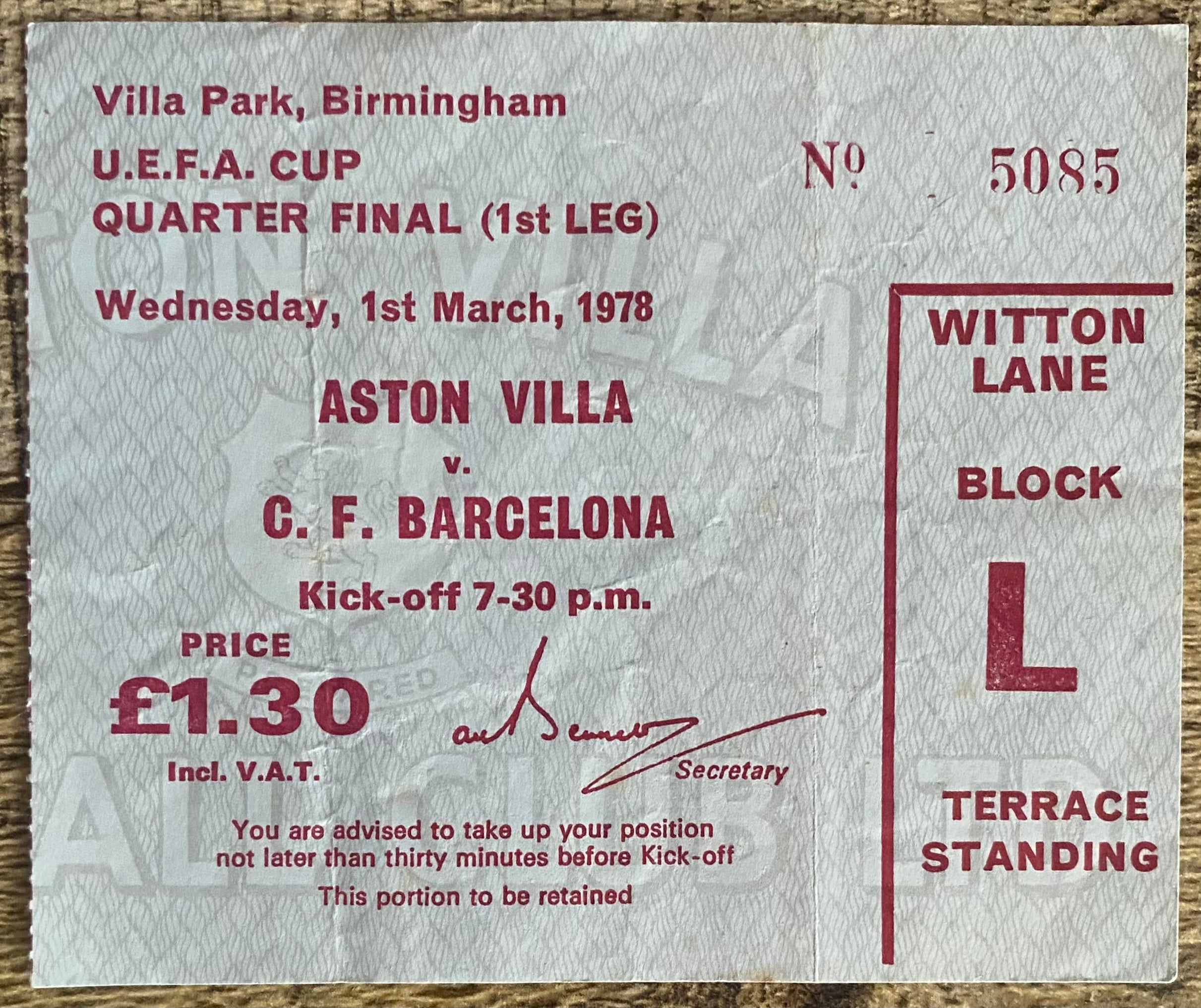 1977/78 ORIGINAL UEFA CUP 4TH ROUND 1ST LEG TICKET ASTON VILLA V BARCELONA