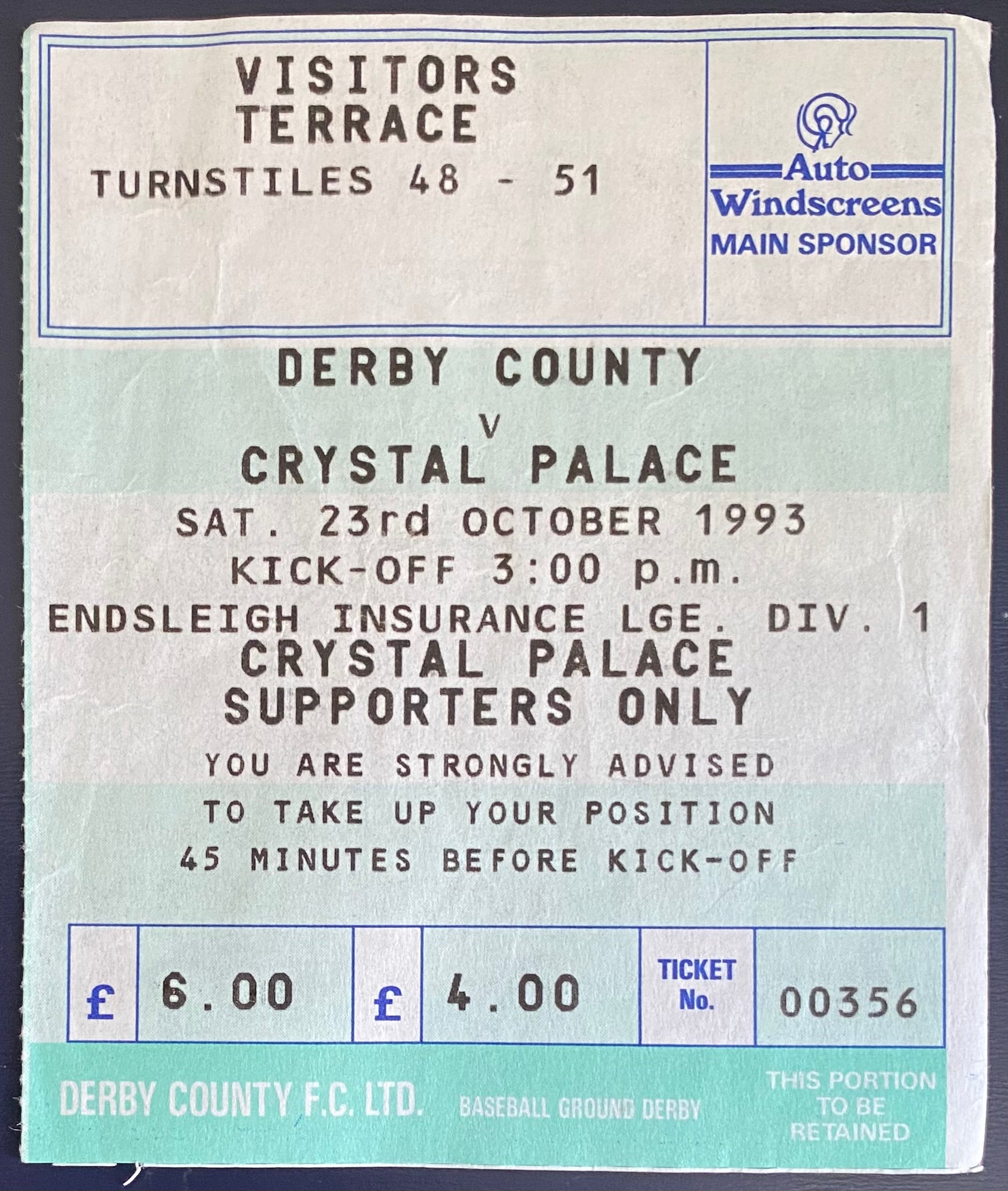 1993/94 ORIGINAL DIVISION 1 TICKET DERBY COUNTY V CRYSTAL PALACE