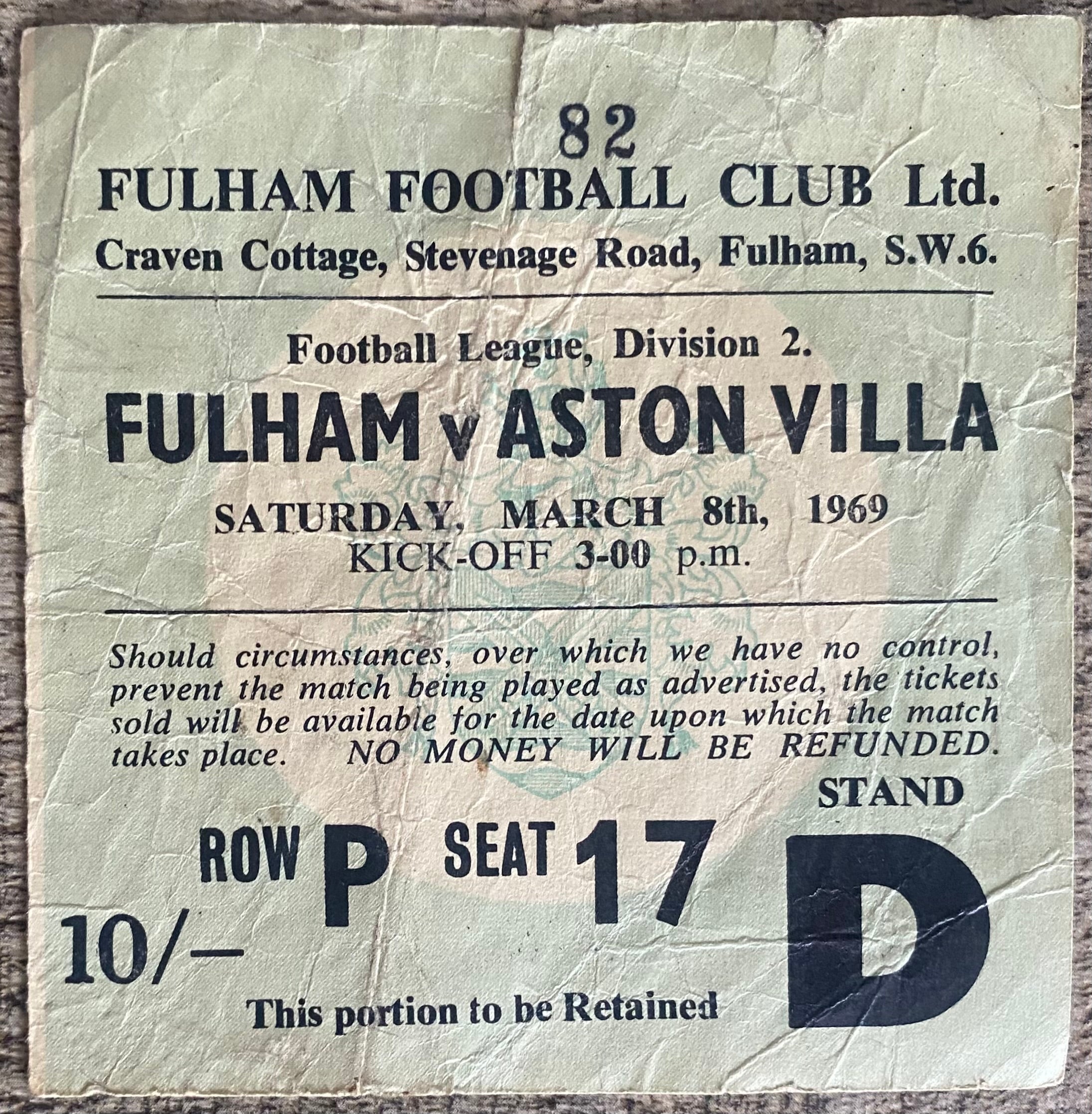 1968/69 ORIGINAL DIVISION 2 TICKET FULHAM V ASTON VILLA