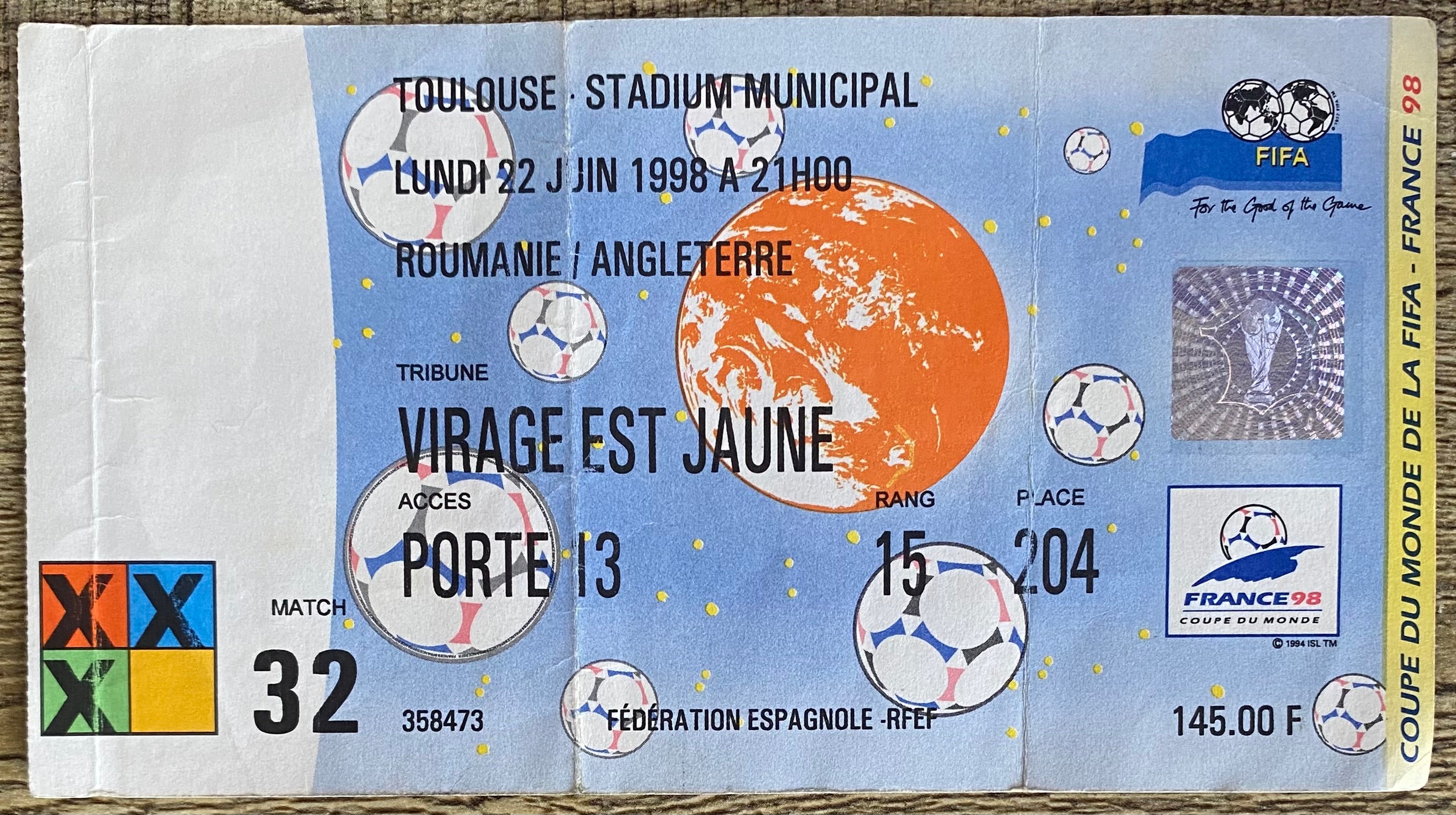 1998 ORIGINAL WORLD CUP 1ST ROUND TICKET ENGLAND V ROMANIA @ TOULOUSE