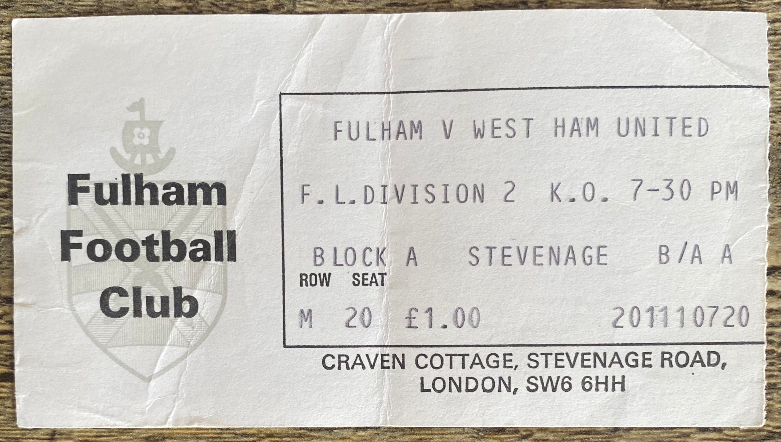 1978/79 ORIGINAL DIVISION 2 TICKET FULHAM V WEST HAM UNITED