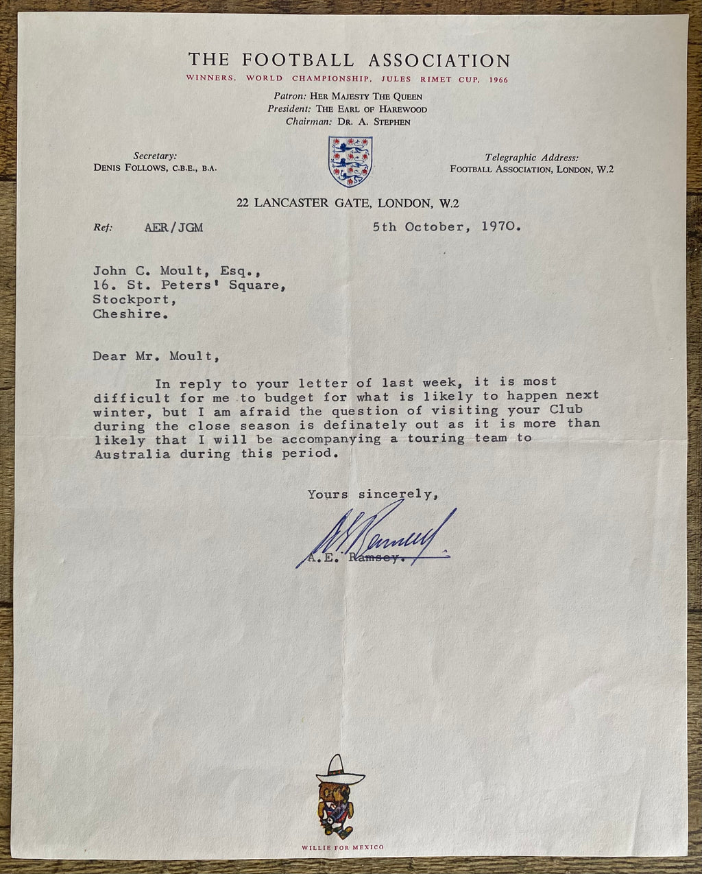 1970 ORIGINAL OFFICIAL FOOTBALL ASSOCIATION LETTER SIGNED BY SIR ALF RAMSEY