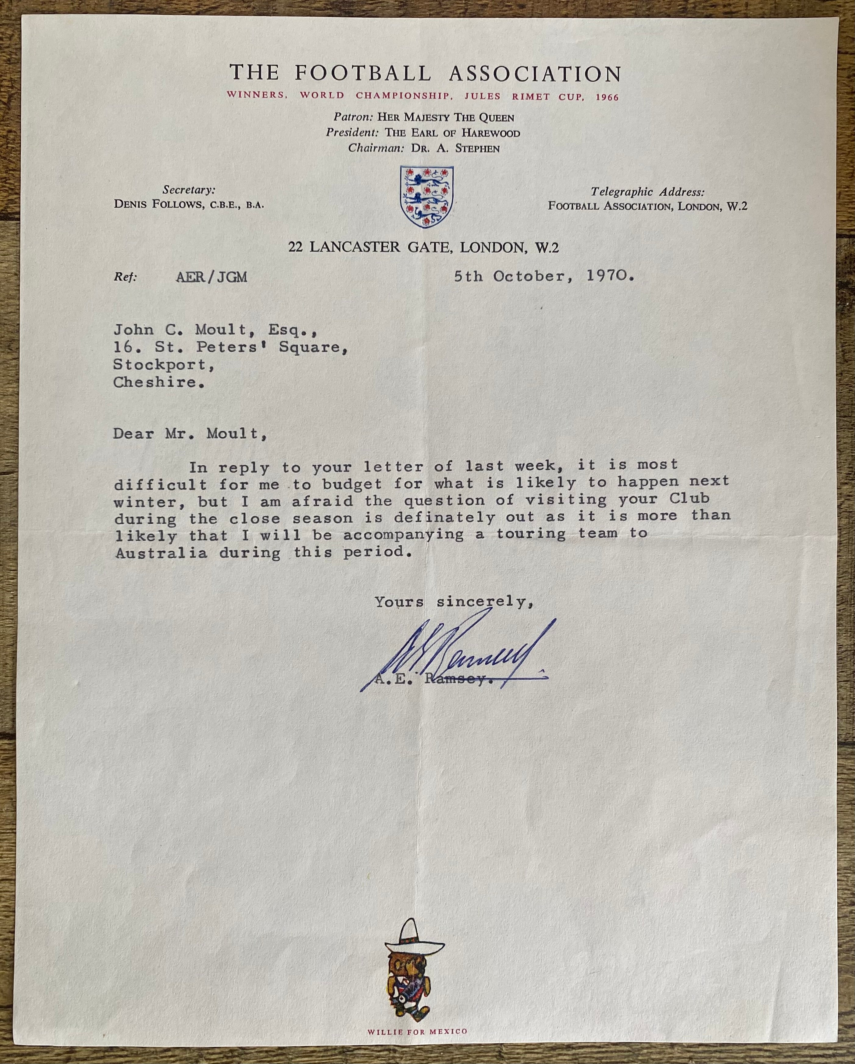 1970 ORIGINAL OFFICIAL FOOTBALL ASSOCIATION LETTER SIGNED BY SIR ALF RAMSEY
