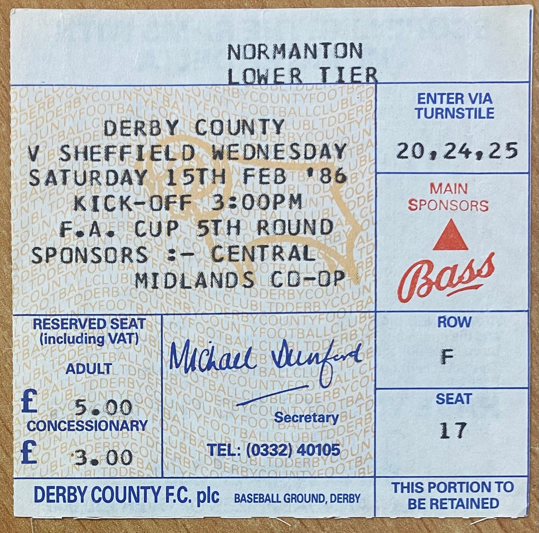 1985/86 ORIGINAL FA CUP 5TH ROUND TICKET DERBY COUNTY V SHEFFIELD WEDNESDAY