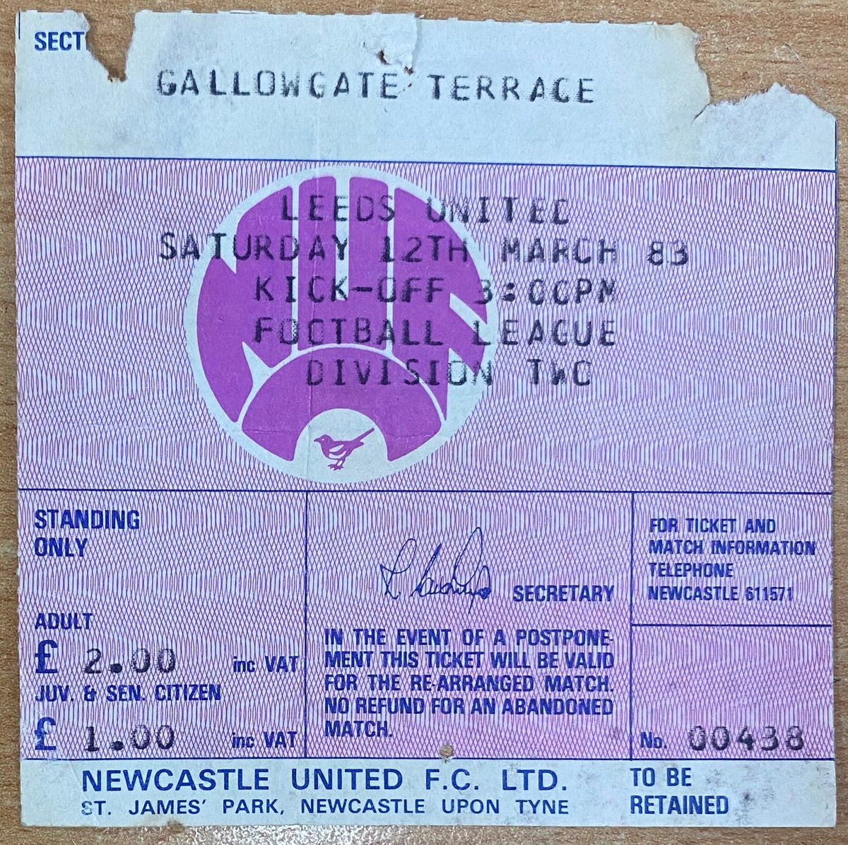 1982/83 ORIGINAL DIVISION TWO TICKET NEWCASTLE UNITED V LEEDS UNITED