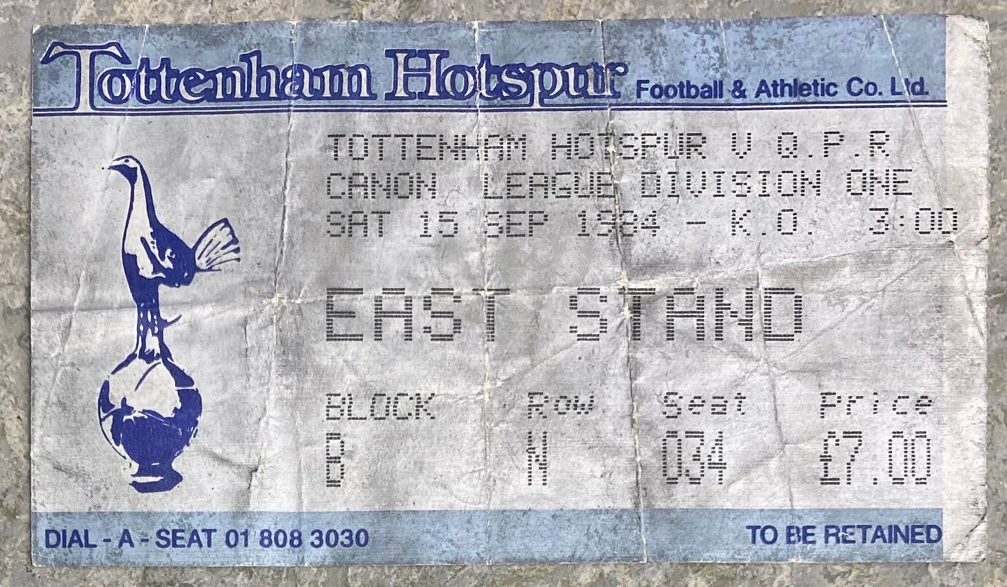 1984/85 ORIGINAL DIVISION ONE TICKET TOTTENHAM HOTSPUR V QUEENS PARK RANGERS