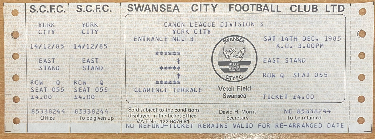 1985/86 ORIGINAL DIVISION 3 UNUSED TICKET SWANSEA CITY V YORK CITY