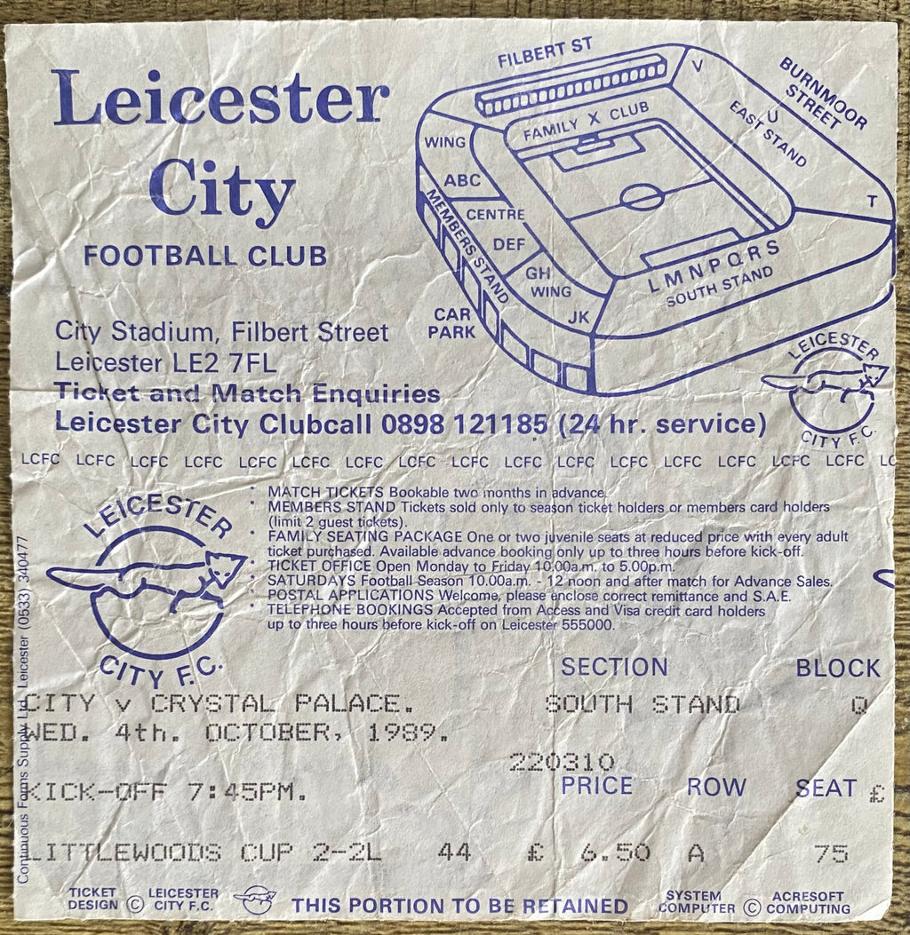 1989/90 ORIGINAL LITTLEWOODS CUP 2ND ROUND 2ND LEG TICKET LEICESTER CITY V CRYSTAL PALACE