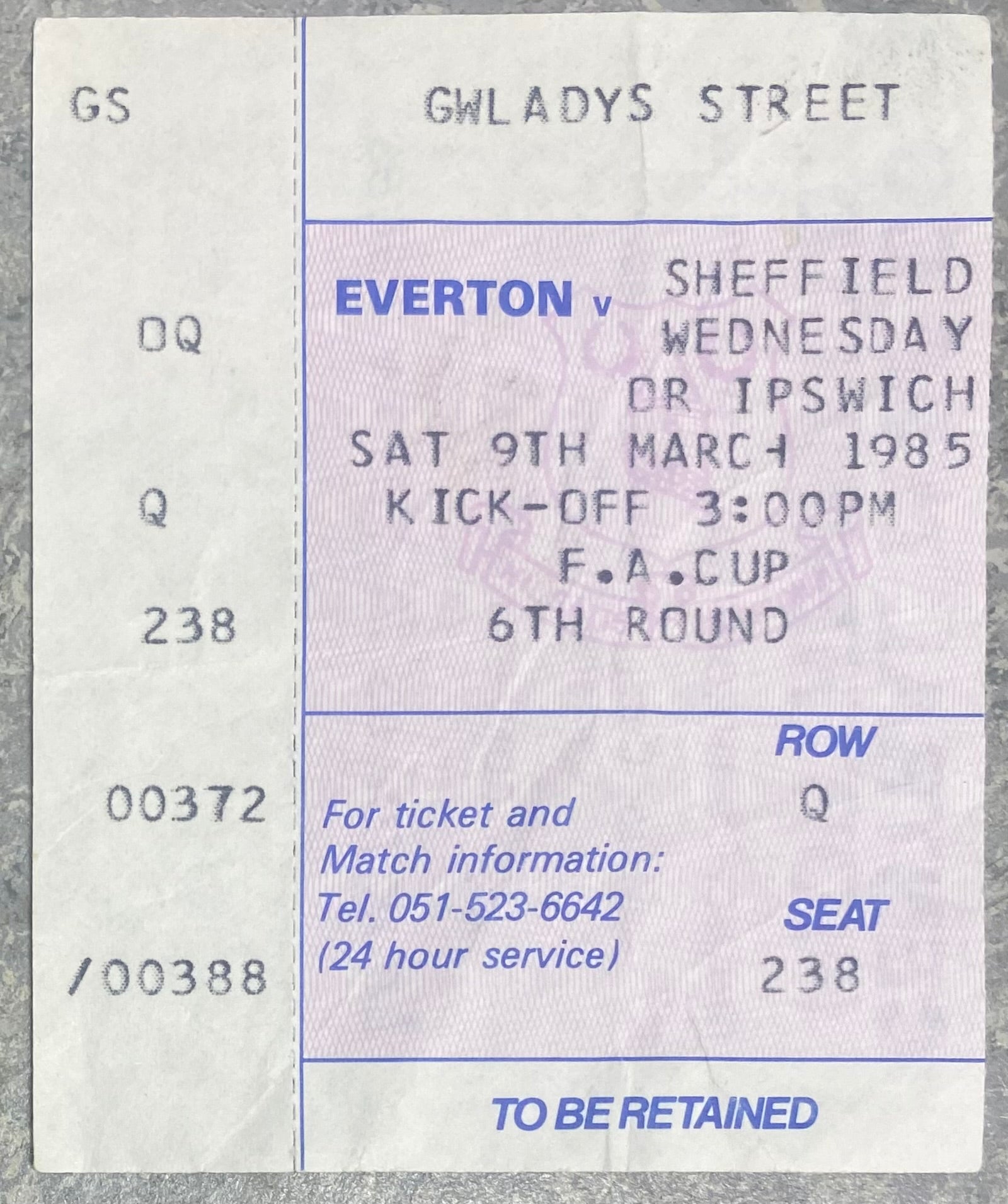 1984/85 ORIGINAL FA CUP 6TH ROUND TICKET EVERTON V IPSWICH TOWN