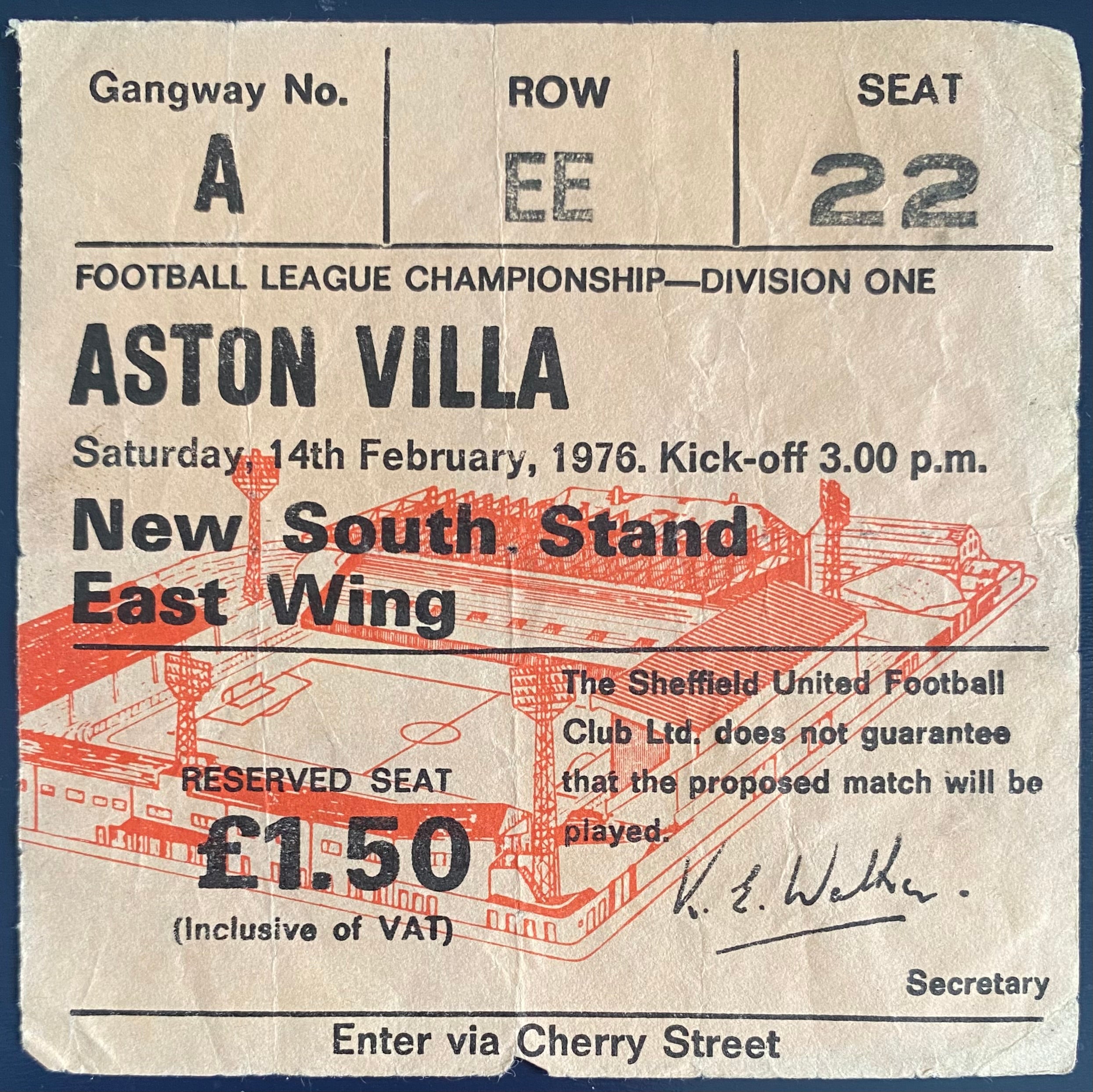 1975/76 ORIGINAL DIVISION 1 TICKET SHEFFIELD UNITED V ASTON VILLA
