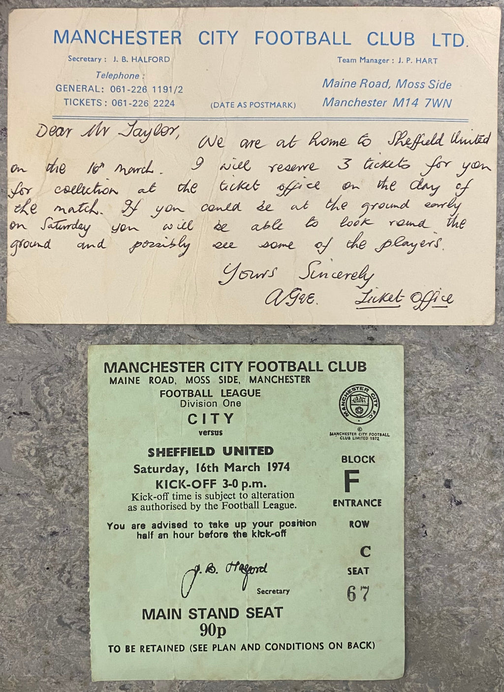 1973/74 ORIGINAL DIVISION 1 TICKET MANCHESTER CITY V SHEFFIELD UNITED + TICKET OFFICE CORRESPONDENCE