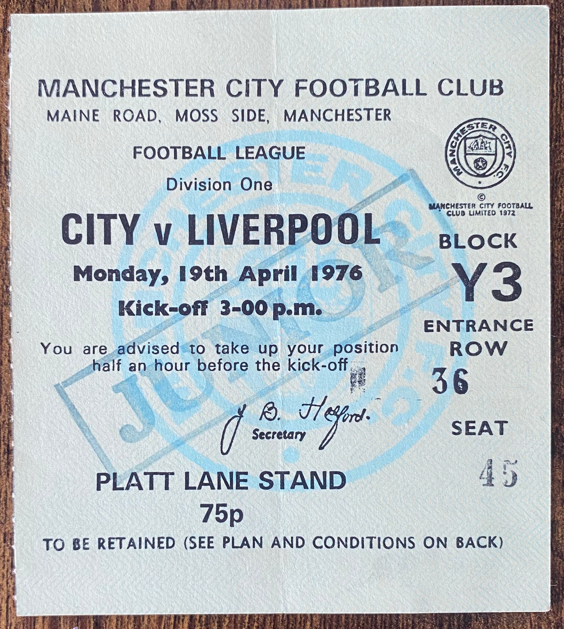 1975/76 ORIGINAL DIVISION ONE TICKET MANCHESTER CITY V LIVERPOOL