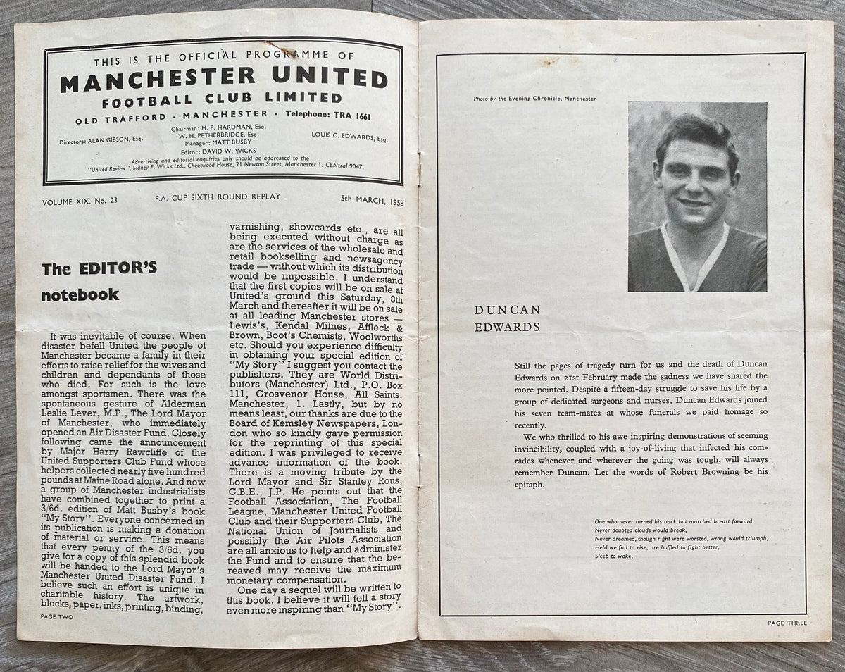 1957/58 ORIGINAL FA CUP 6TH ROUND REPLAY PROGRAMME MANCHESTER UNITED V WEST BROMWICH ALBION