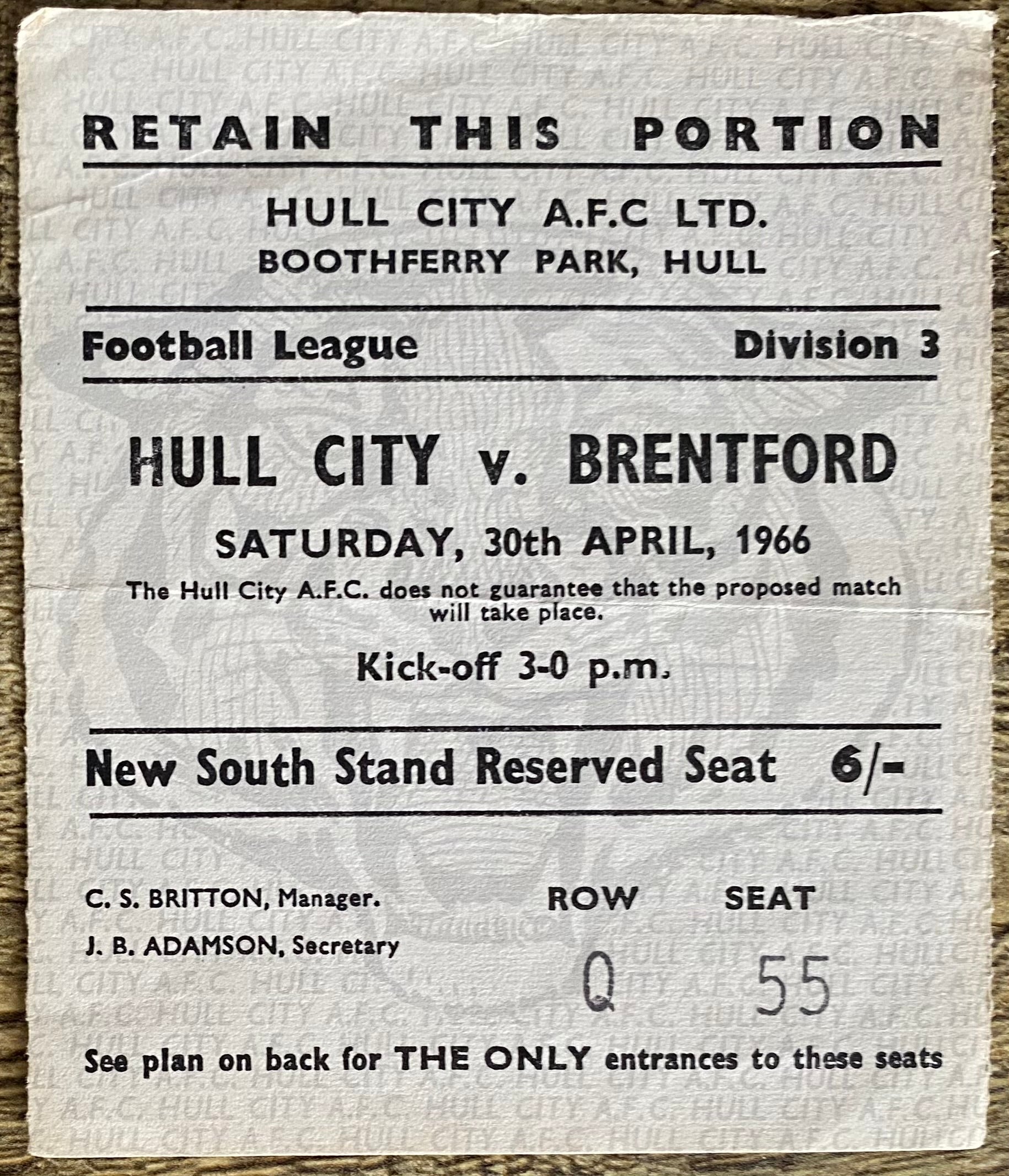 1965/66 ORIGINAL DIVISION 3 TICKET HULL CITY V BRENTFORD