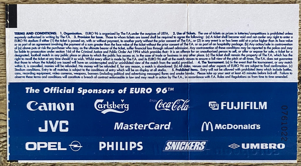 1996 ORIGINAL EUROPEAN CHAMPIONSHIPS EURO 96 OPENING MATCH TICKET ENGLAND V SWITZERLAND @ WEMBLEY