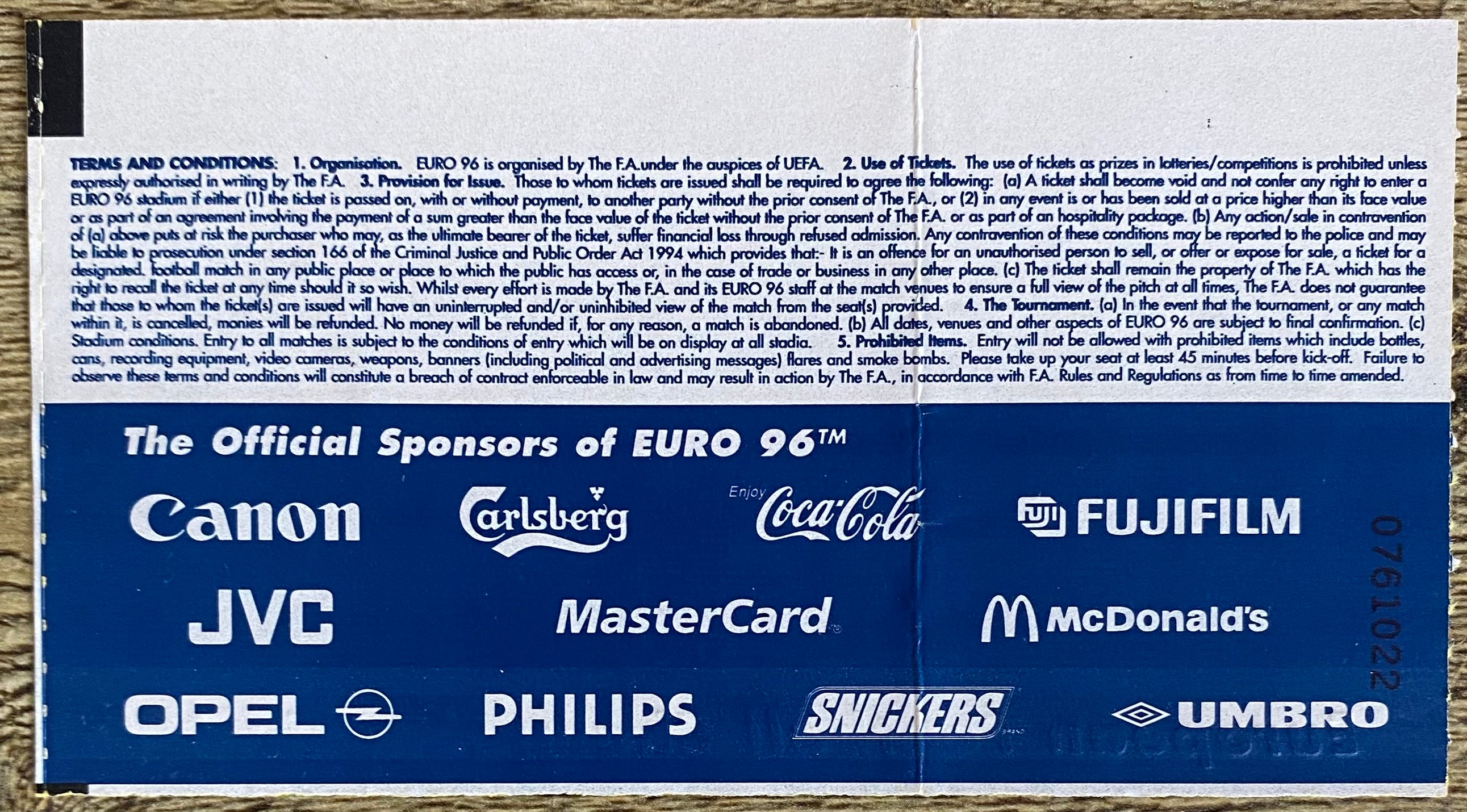 1996 ORIGINAL EUROPEAN CHAMPIONSHIPS EURO 96 OPENING MATCH TICKET ENGLAND V SWITZERLAND @ WEMBLEY