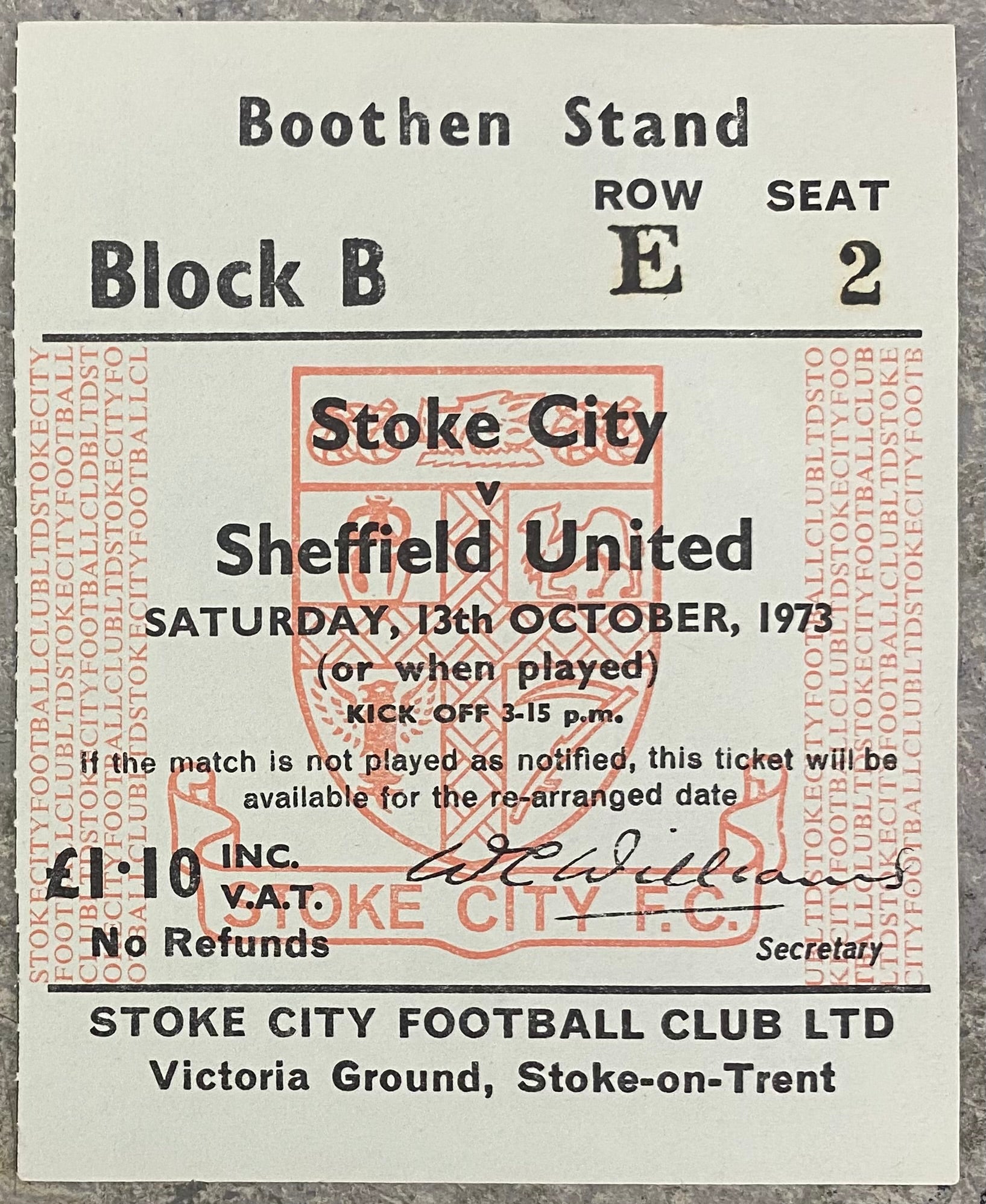 1973/74 ORIGINAL DIVISION ONE TICKET STOKE CITY V SHEFFIELD UNITED