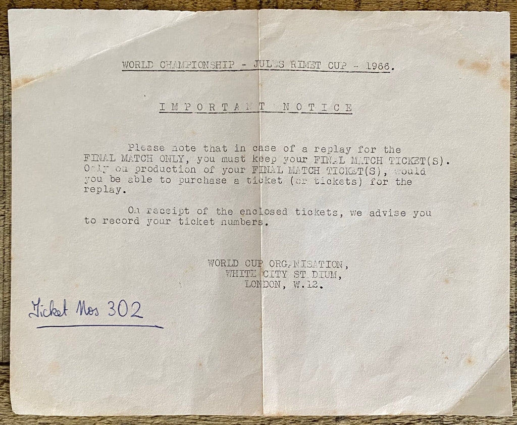 1966 WORLD CUP ORIGINAL OFFICIAL INFORMATION SLIP FOR FINAL REPLAY TICKET