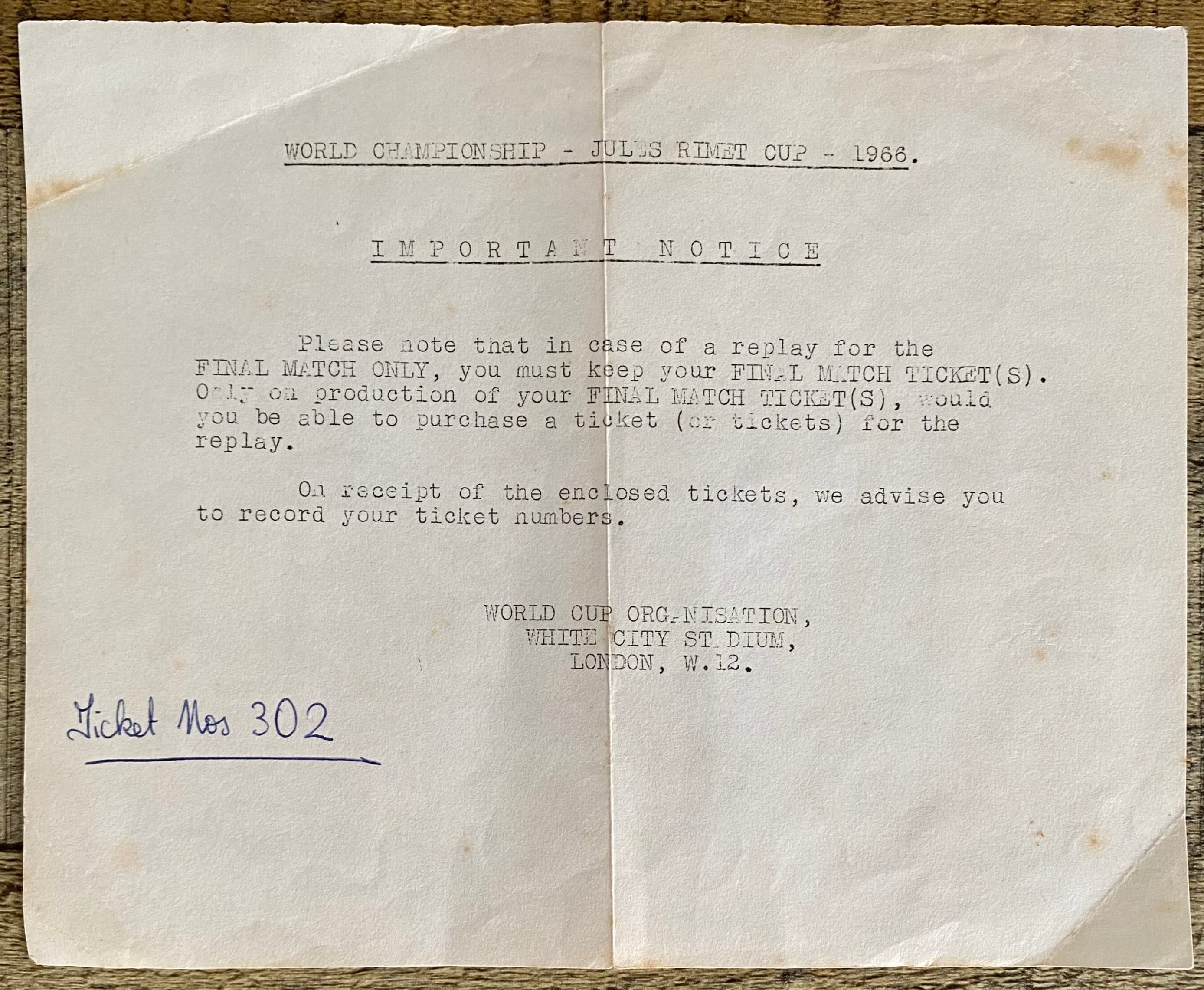 1966 WORLD CUP ORIGINAL OFFICIAL INFORMATION SLIP FOR FINAL REPLAY TICKET