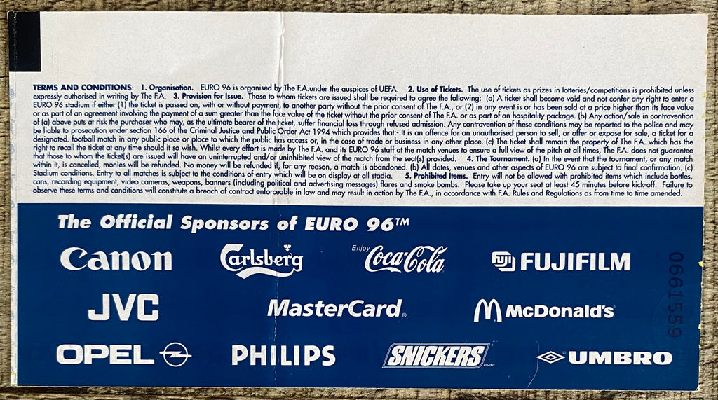 1996 ORIGINAL EUROPEAN CHAMPIONSHIPS EURO 96 TICKET NETHERLANDS V SWITZERLAND @ VILLA PARK