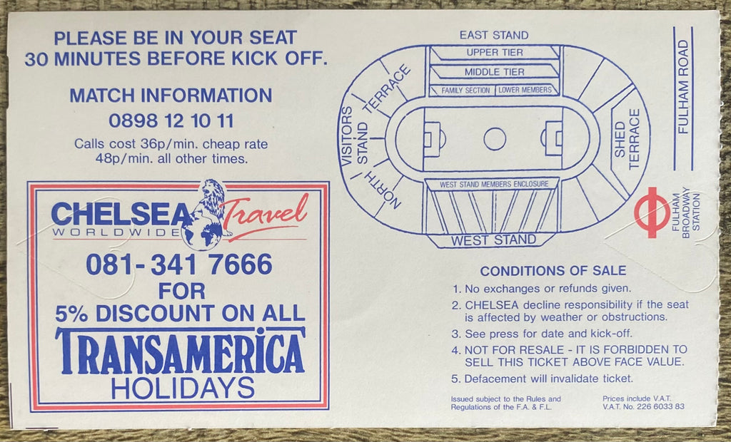 1991/92 ORIGINAL DIVISION ONE TICKET CHELSEA V MANCHESTER CITY
