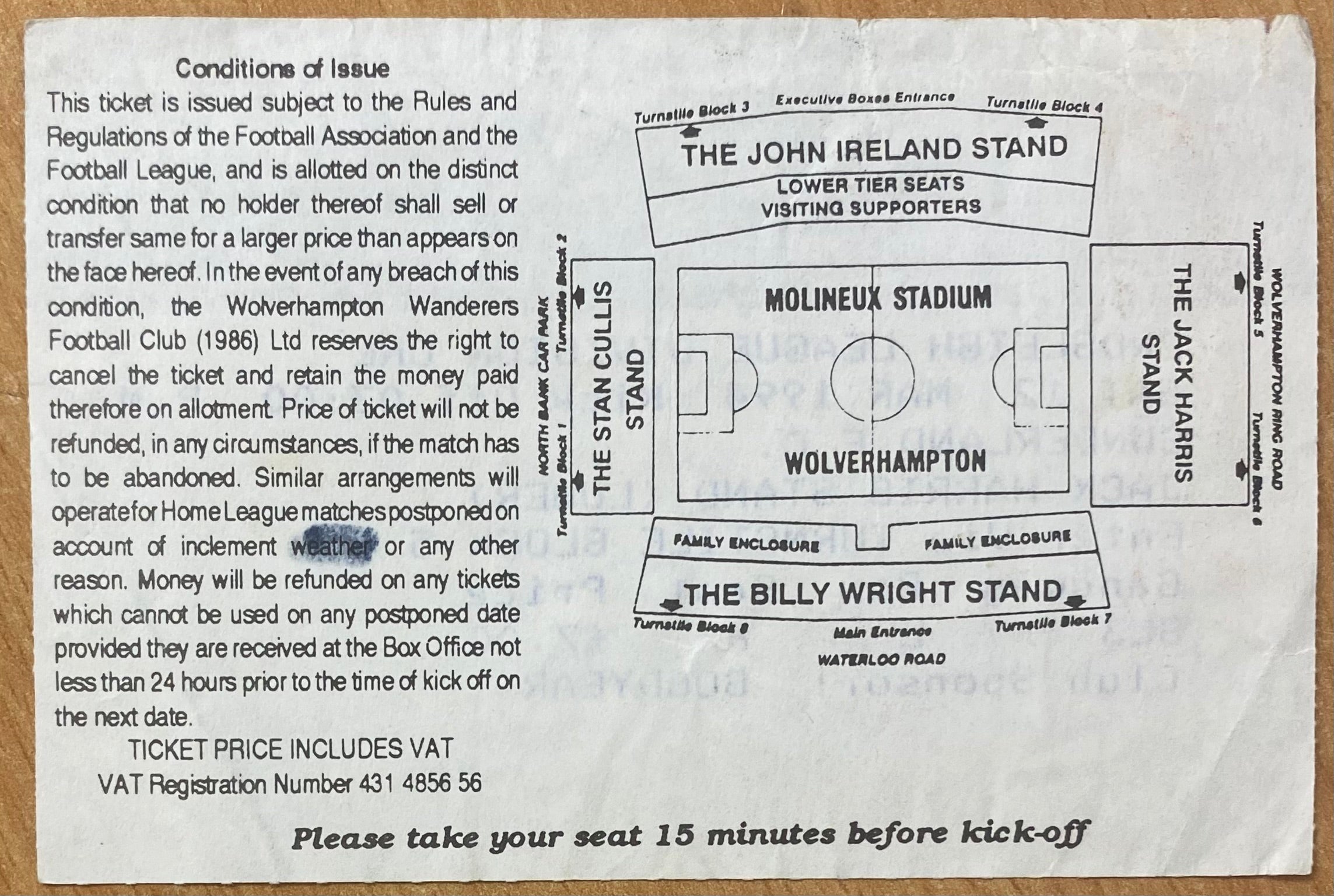 1993/94 ORIGINAL DIVISION 1 TICKET WOLVERHAMPTON WANDERERS V SUNDERLAND