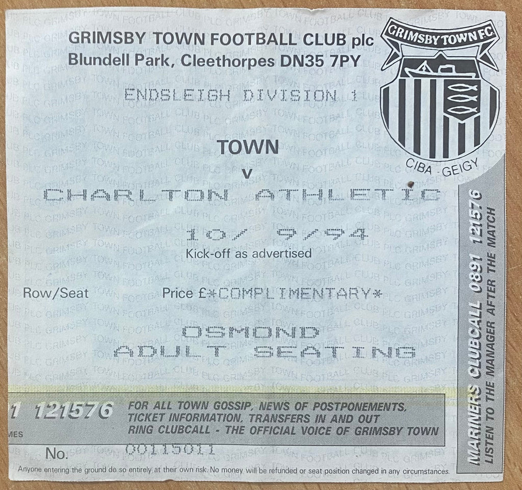 1994/95 ORIGINAL DIVISION 1 TICKET GRIMSBY TOWN V CHARLTON ATHLETIC