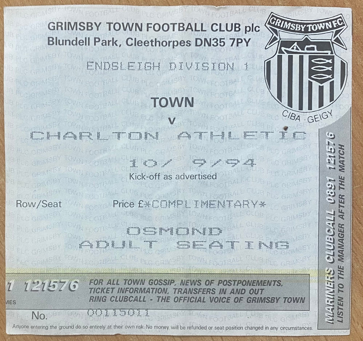 1994/95 ORIGINAL DIVISION 1 TICKET GRIMSBY TOWN V CHARLTON ATHLETIC