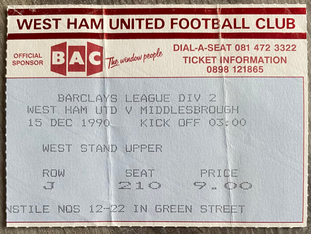 1990/91 ORIGINAL DIVISION 2 TICKET WEST HAM UNITED V MIDDLESBROUGH