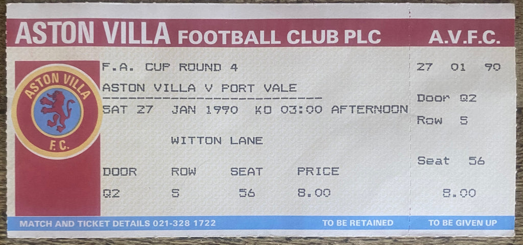 1989/90 ORIGINAL FA CUP 4TH ROUND UNUSED TICKET ASTON VILLA V PORT VALE