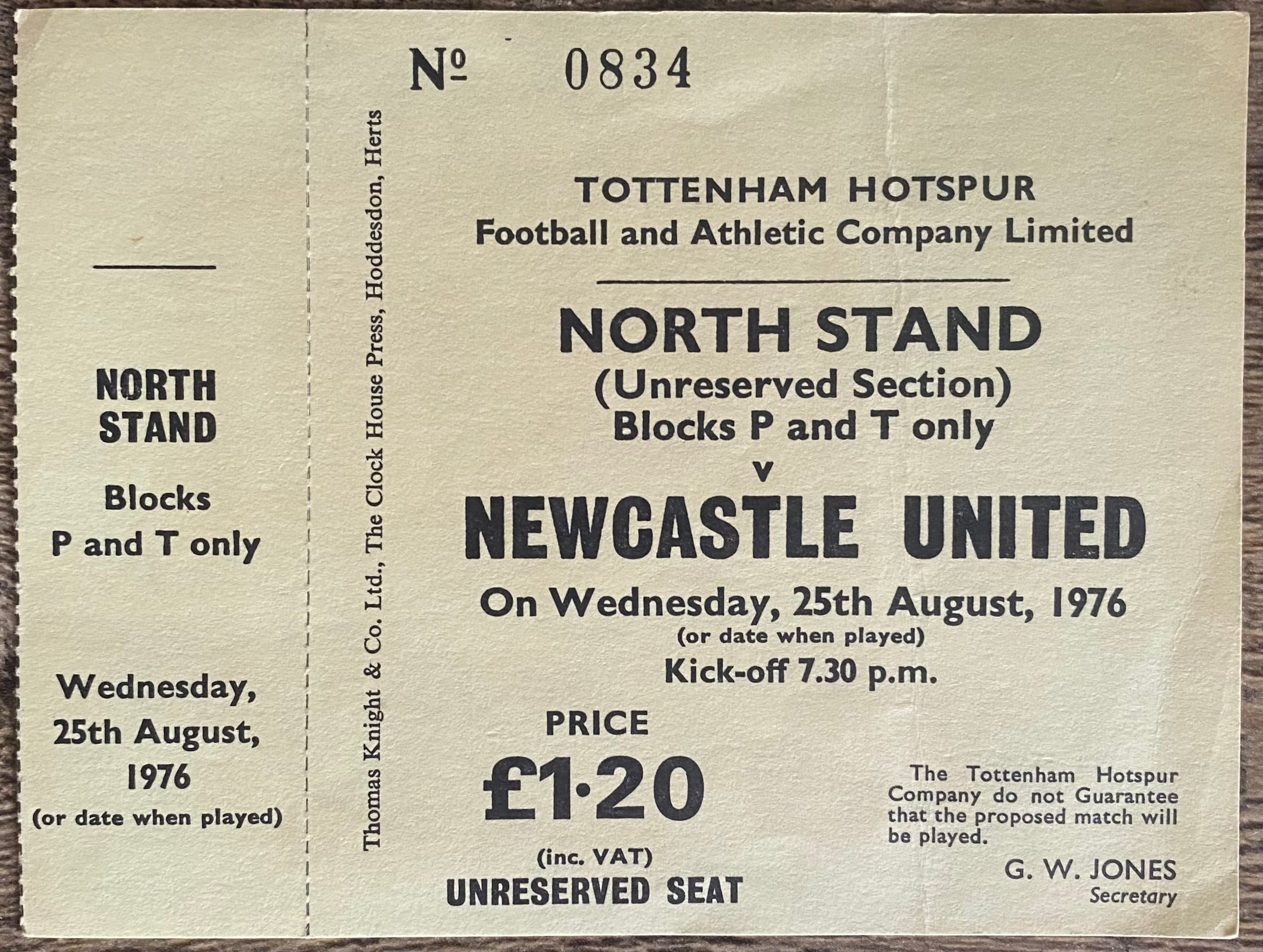 1976/77 ORIGINAL DIVISION ONE UNUSED TICKET TOTTENHAM HOTSPUR V NEWCASTLE UNITED