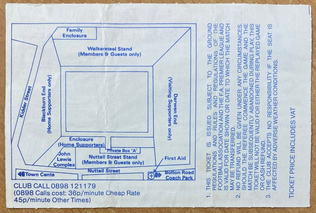 1992/93 ORIGINAL PREMIER LEAGUE TICKET BLACKBURN ROVERS V OLDHAM ATHLETIC
